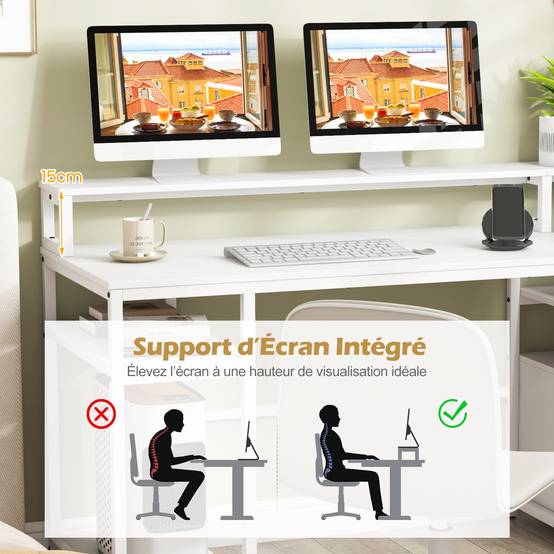 Bureau d'Ordinateur avec Étagère pour Moniteur, Poste de Travail Informatique avec Tiroir de Rangement, 4 Étagères Ouvertes, Support UC, Blanc - Image 3
