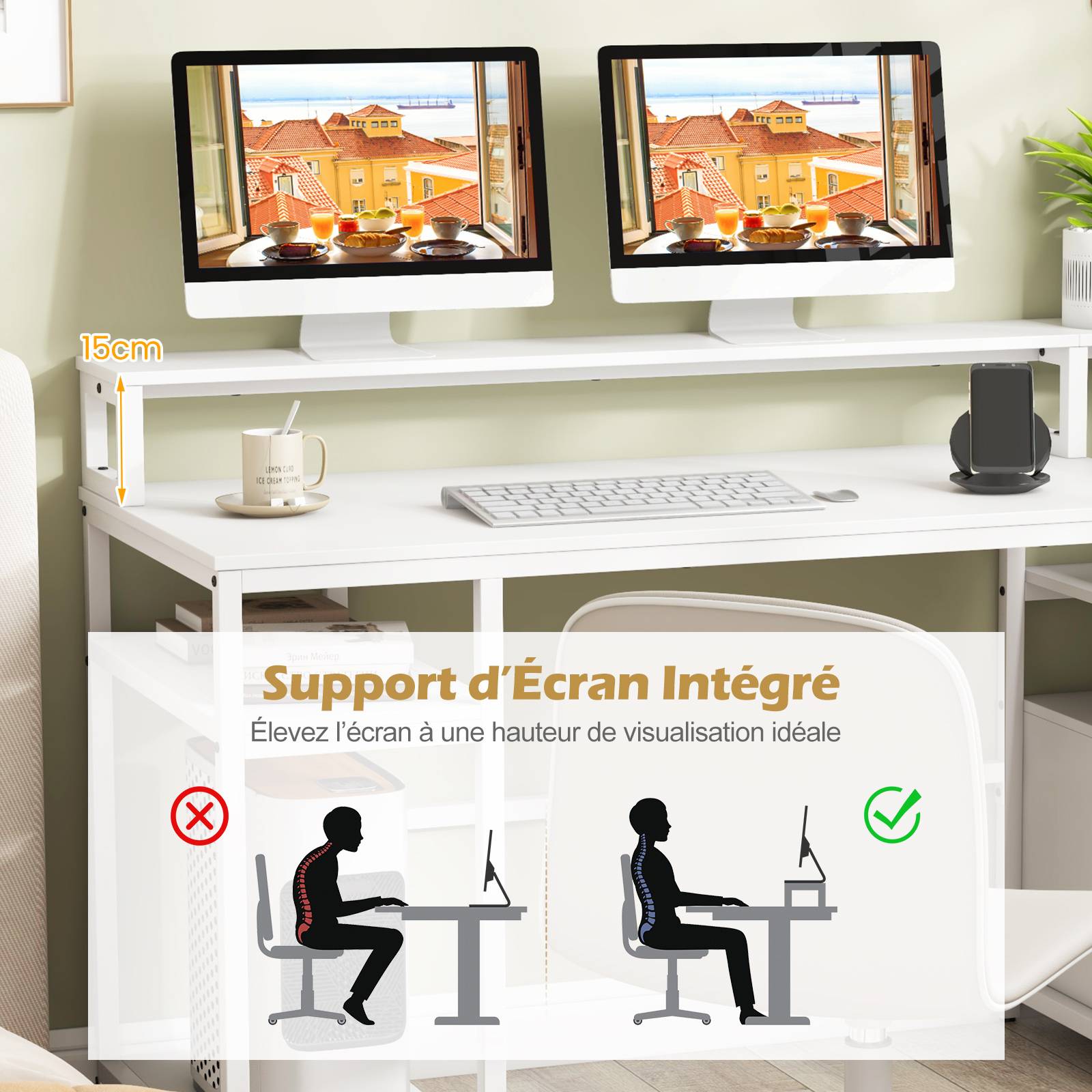 Bureau d'Ordinateur avec Étagère pour Moniteur, Poste de Travail Informatique avec Tiroir de Rangement, 4 Étagères Ouvertes, Support UC, Blanc - Image 3