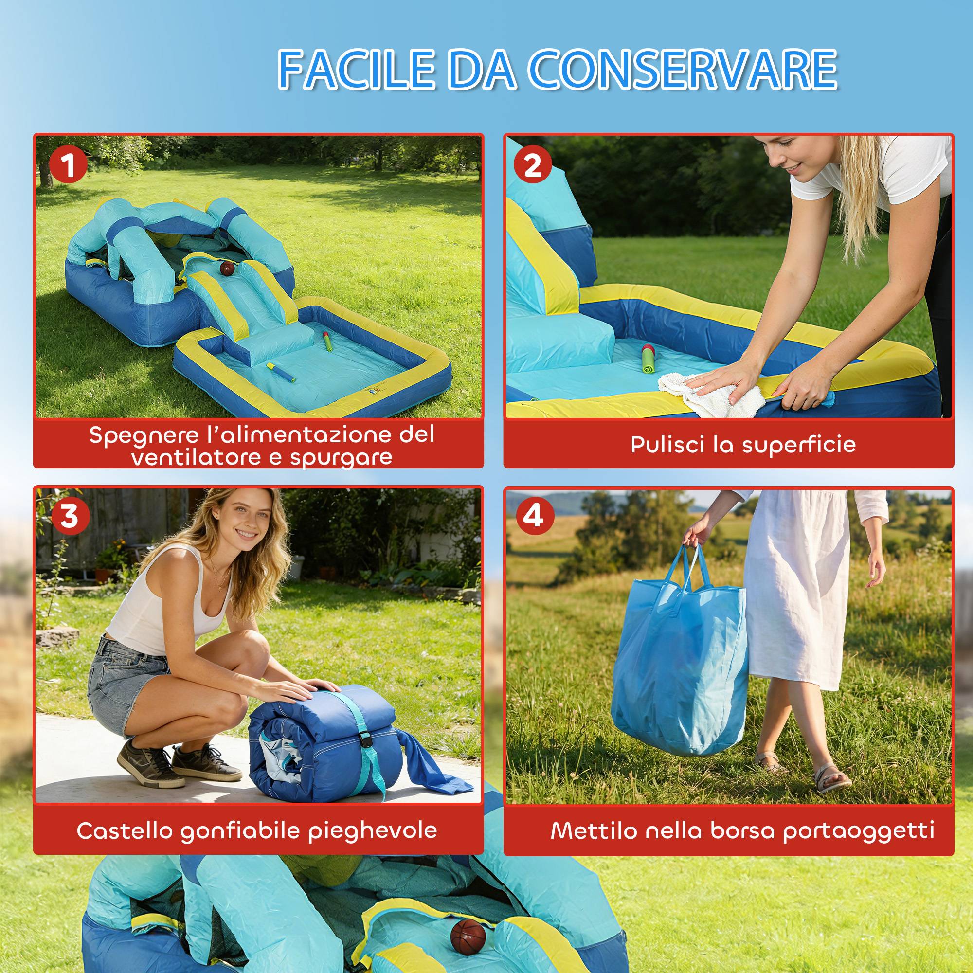 Château gonflable pour enfants avec toboggan, trampoline, piscine et panier de basket, 364 x 173 x 182 cm, bleu et jaune - Image 9
