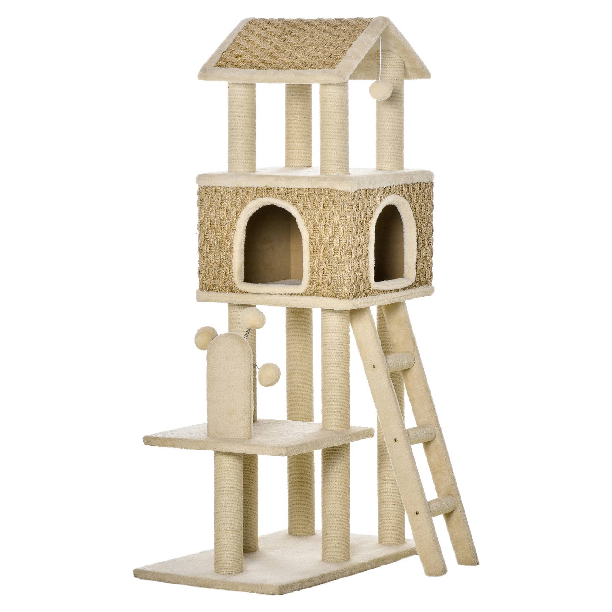 avec une niche pour chat comprenant un jouet, une peluche en sisal, kaki, beige et café - Image 2