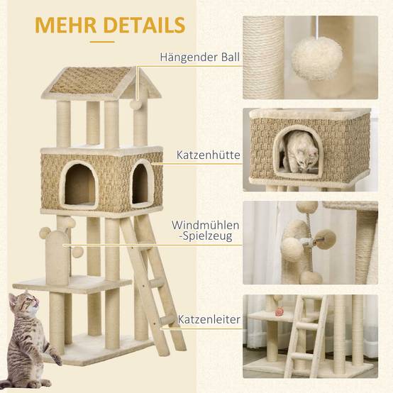 avec une niche pour chat comprenant un jouet, une peluche en sisal, kaki, beige et café - Image 7