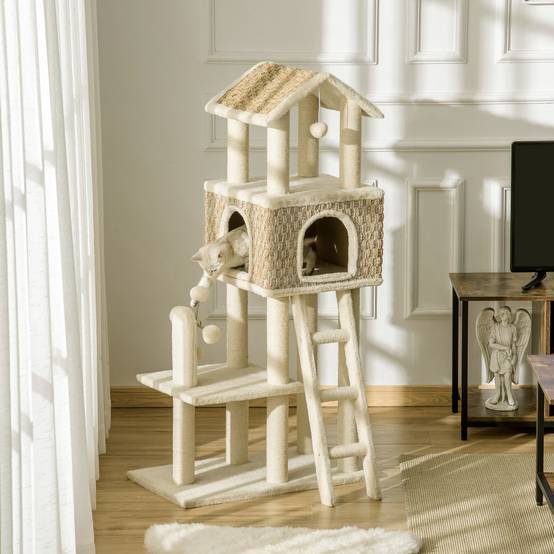 avec une niche pour chat comprenant un jouet, une peluche en sisal, kaki, beige et café - Image 3