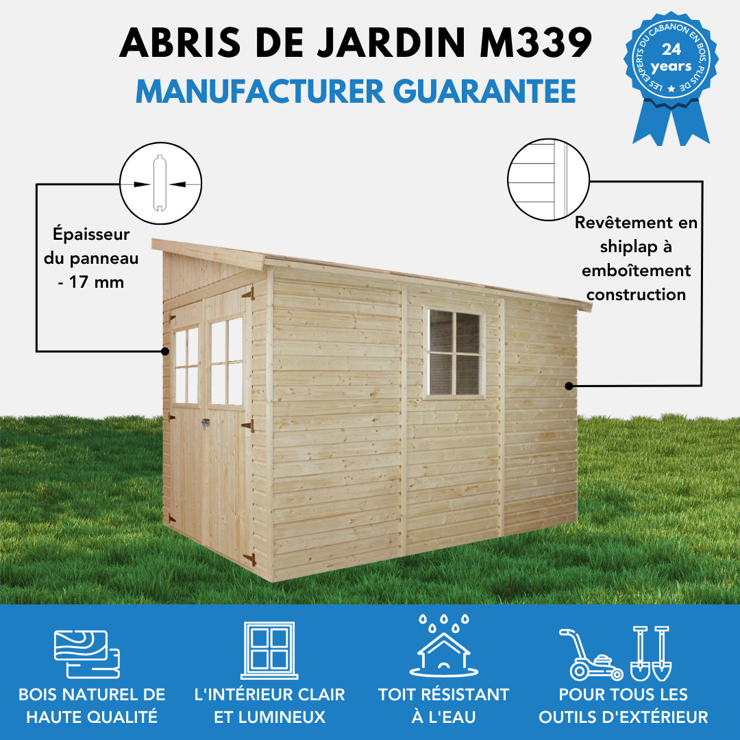 Timbela - Abri de Jardin en Bois Naturel H243x216x318 cm / 6 m² sans paroi latérale avec les planchers imprégné - 17 mm d’épaisseur - Timbela M339+M339G - Imagen 8
