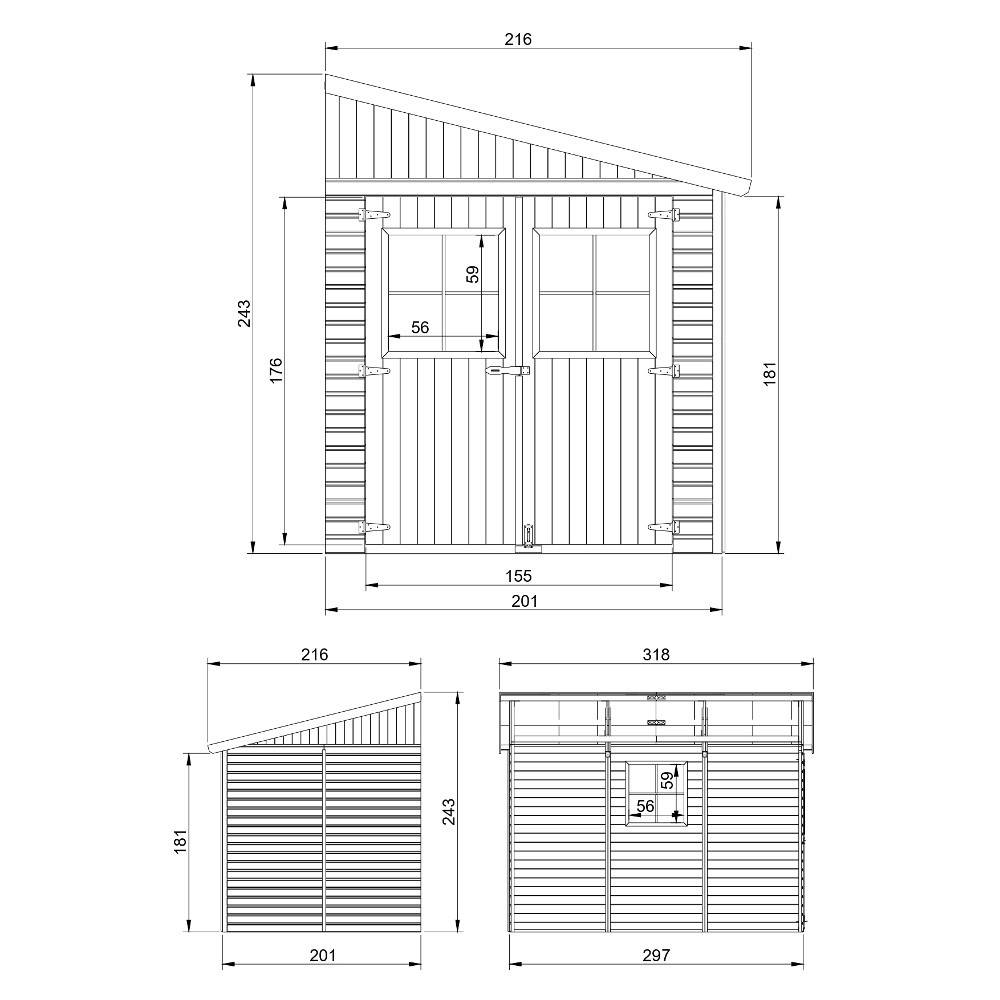 Timbela - Abri de Jardin en Bois Naturel H243x216x318 cm / 6 m² sans paroi latérale avec les planchers imprégné - 17 mm d’épaisseur - Timbela M339+M339G - Imagen 6