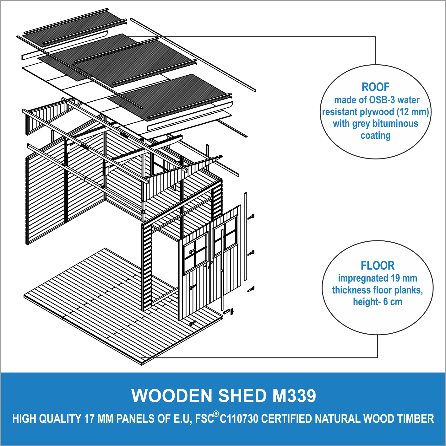Timbela - Abri de Jardin en Bois Naturel H243x216x318 cm / 6 m² sans paroi latérale avec les planchers imprégné - 17 mm d’épaisseur - Timbela M339+M339G - Imagen 7
