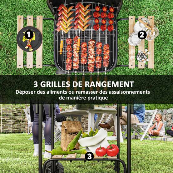 Outsunny - Barbecue charbon de bois surface de cuisson de 1840 cm² - avec grille, couvercle, étagères et roues - noir - Outsunny - Image 4