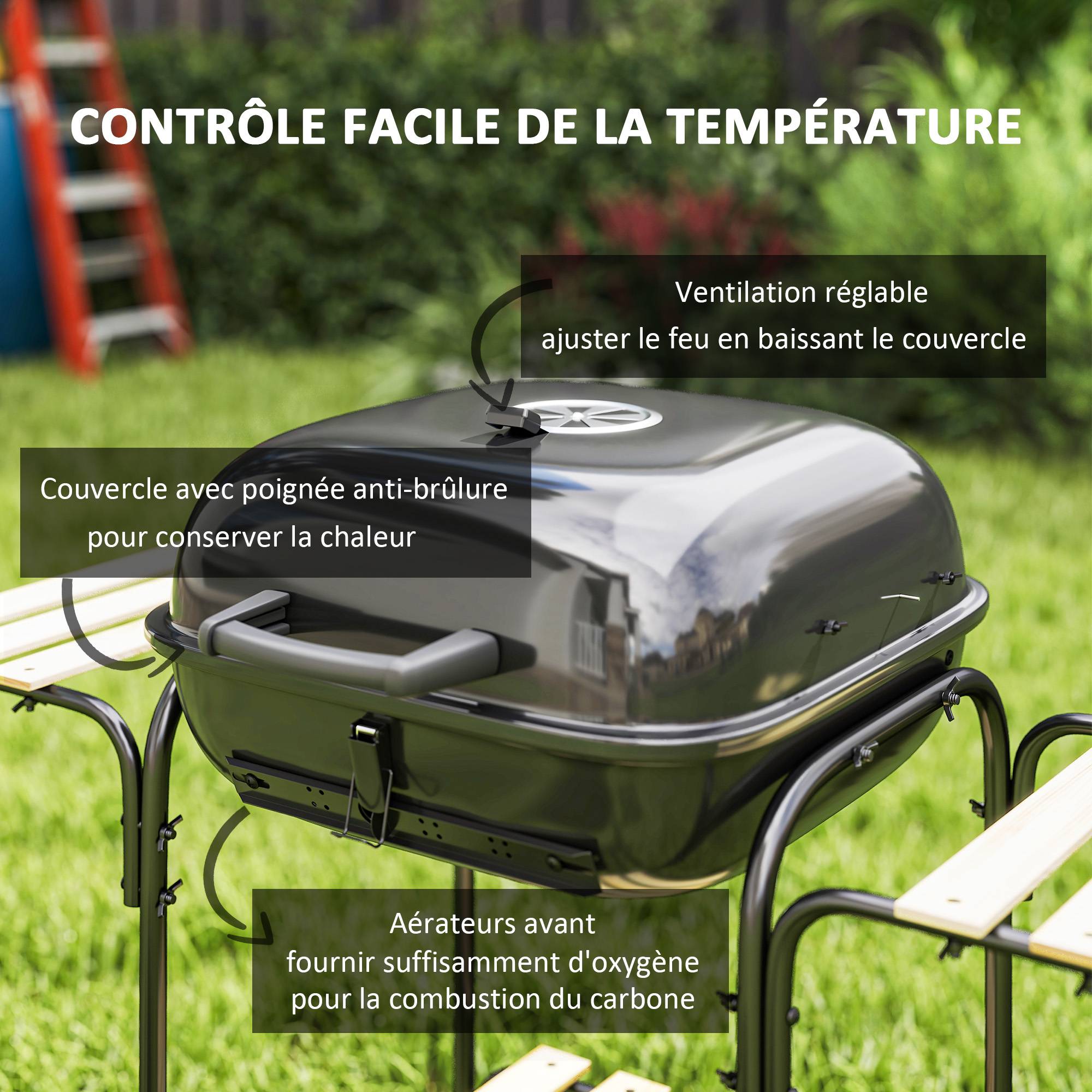 Outsunny - Barbecue charbon de bois surface de cuisson de 1840 cm² - avec grille, couvercle, étagères et roues - noir - Outsunny - Image 3