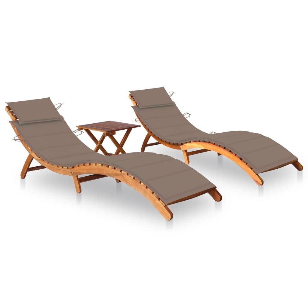 Helloshop26 - Lot de 2 transats chaise longue bain de soleil lit de jardin terrasse meuble d'extérieur avec table et coussins acacia solide - Imagen 1