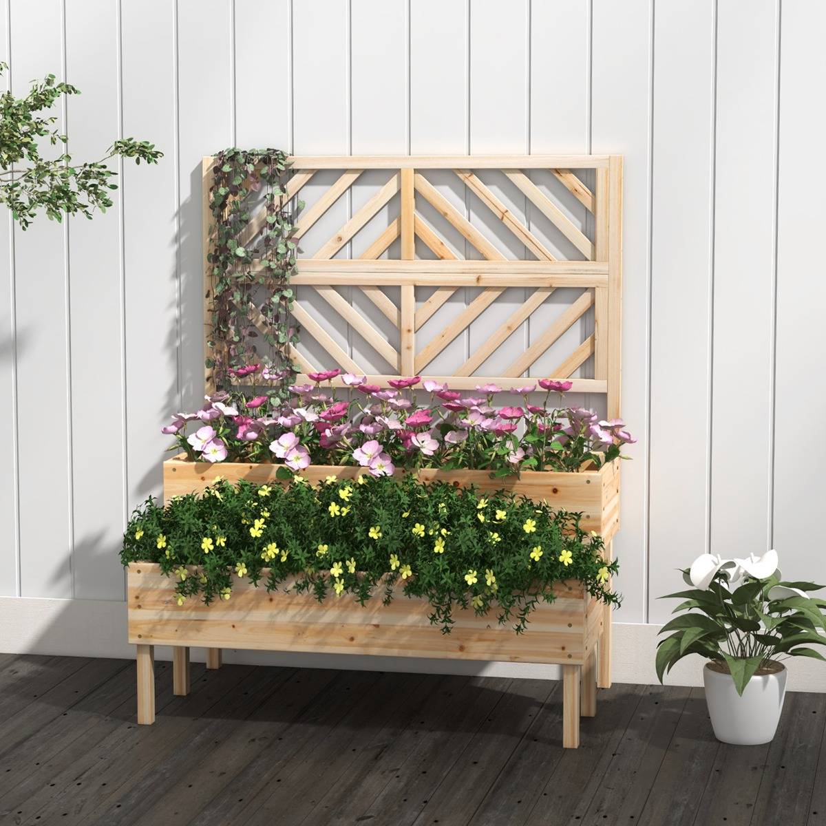 Jardinière avec Treillis à 2 Niveaux en Bois de Sapin Bac à Fleurs Rectangulaire avec Trou de Drainage pour Plante Grimpante F276R - Image 2