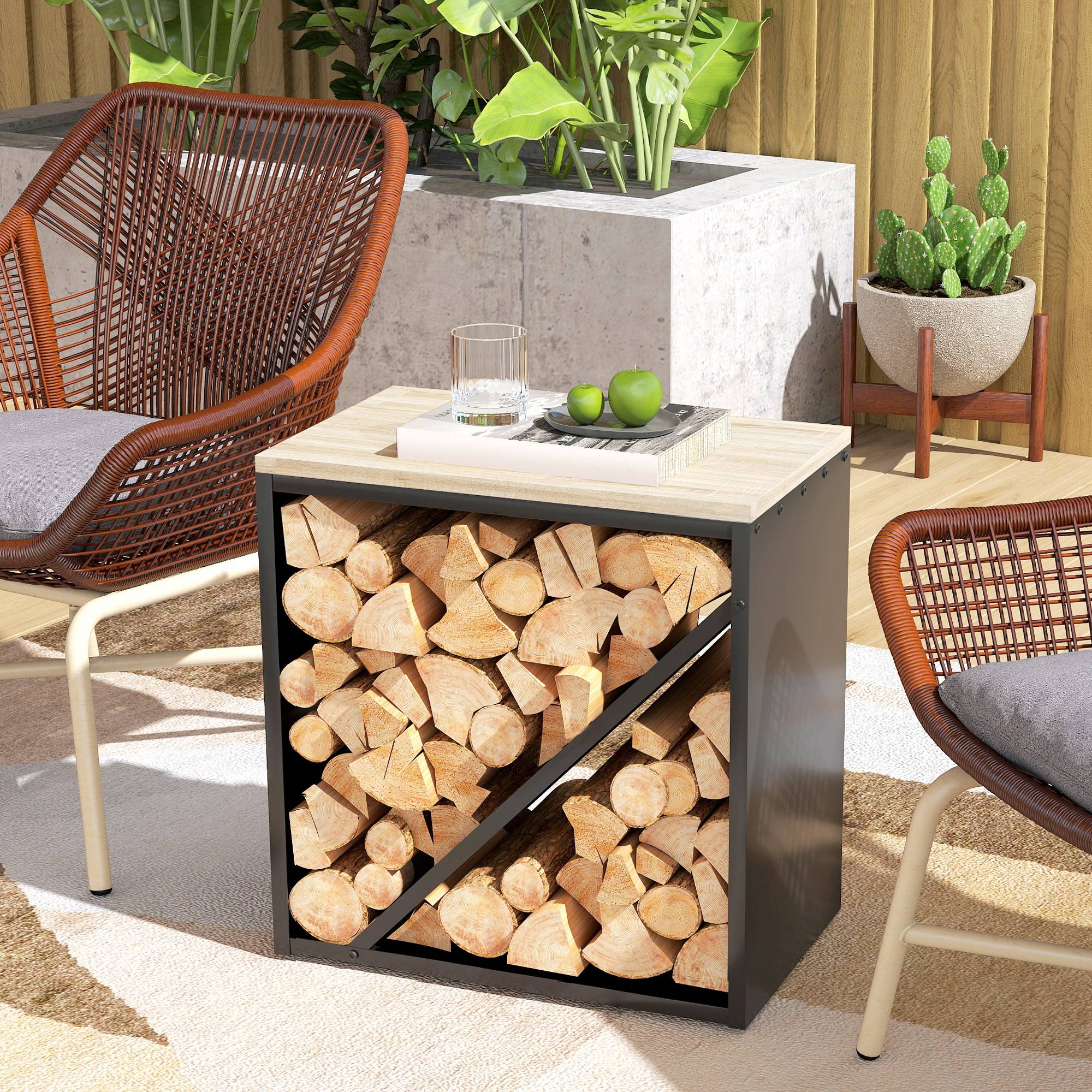 ComfortXL - Porte-bûches 2-en-1 métal et sapin noir 58 x 36 x 60 cm pour cheminée avec séparateur tablette charge 100 kg - Image 7