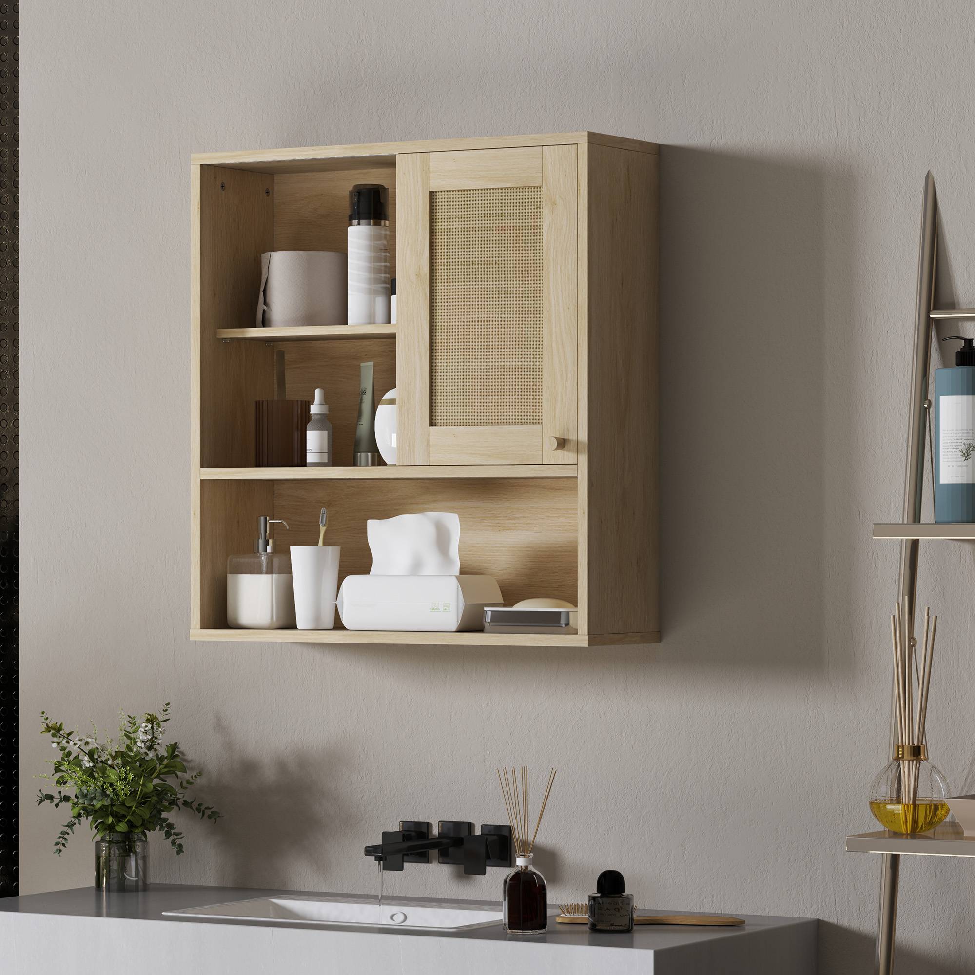 Sans Marque - Armoire murale meuble haut salle bain porte coulissante rotin étagères ouvertes bois naturel - Image 4