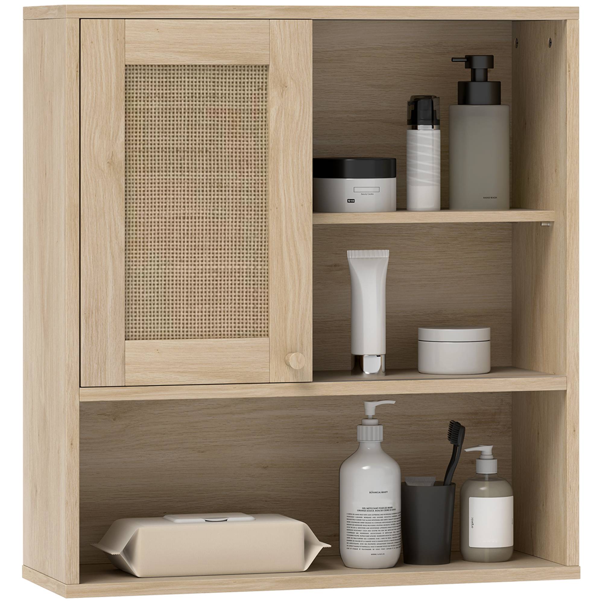 Sans Marque - Armoire murale meuble haut salle bain porte coulissante rotin étagères ouvertes bois naturel - Image 1