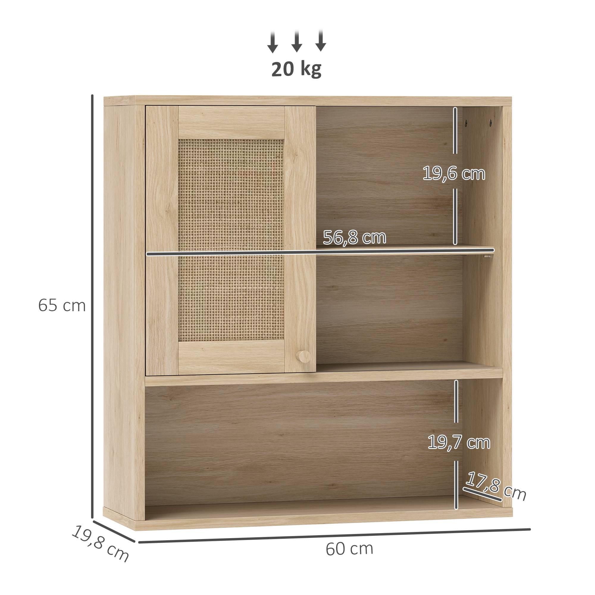 Sans Marque - Armoire murale meuble haut salle bain porte coulissante rotin étagères ouvertes bois naturel - Image 5