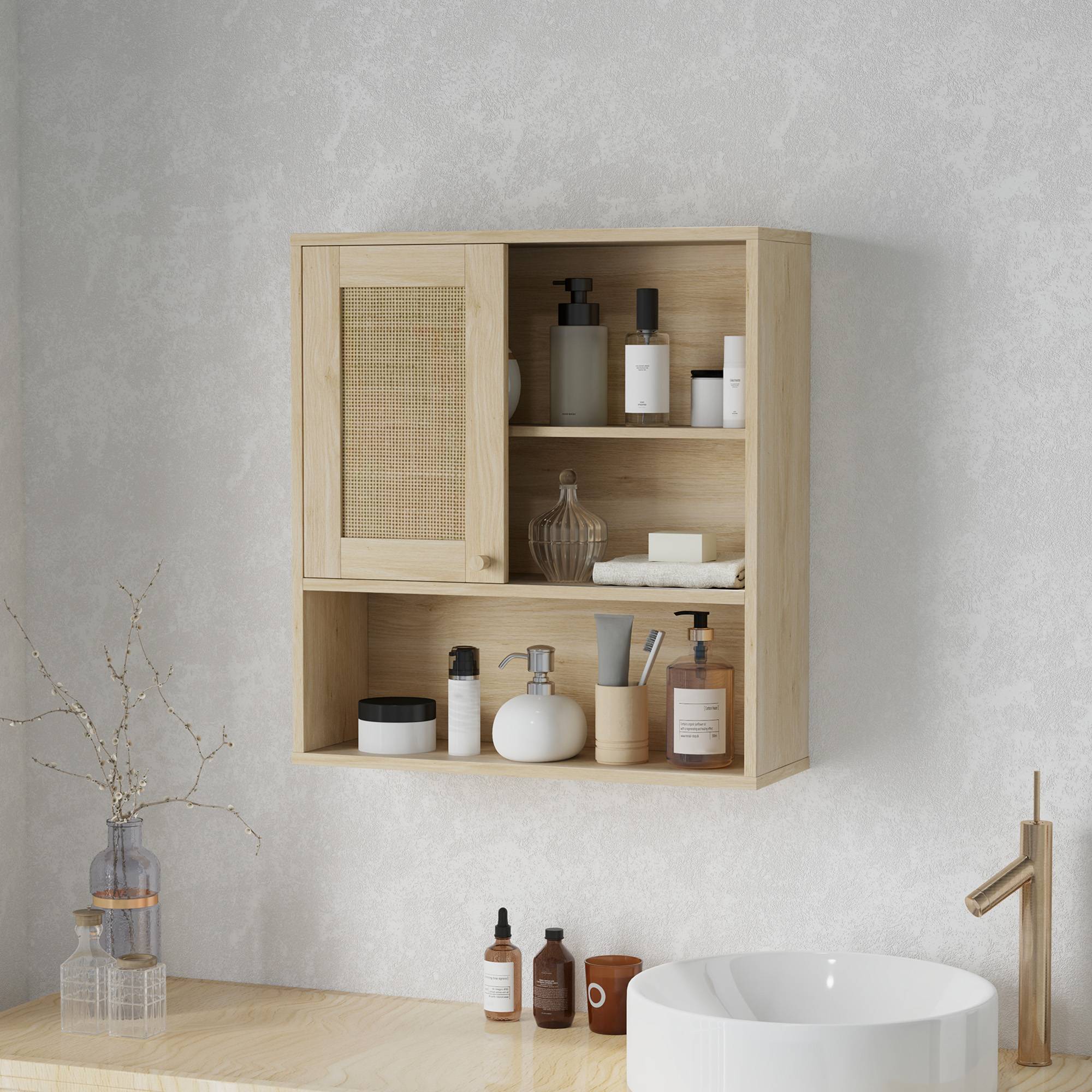 Sans Marque - Armoire murale meuble haut salle bain porte coulissante rotin étagères ouvertes bois naturel - Image 3
