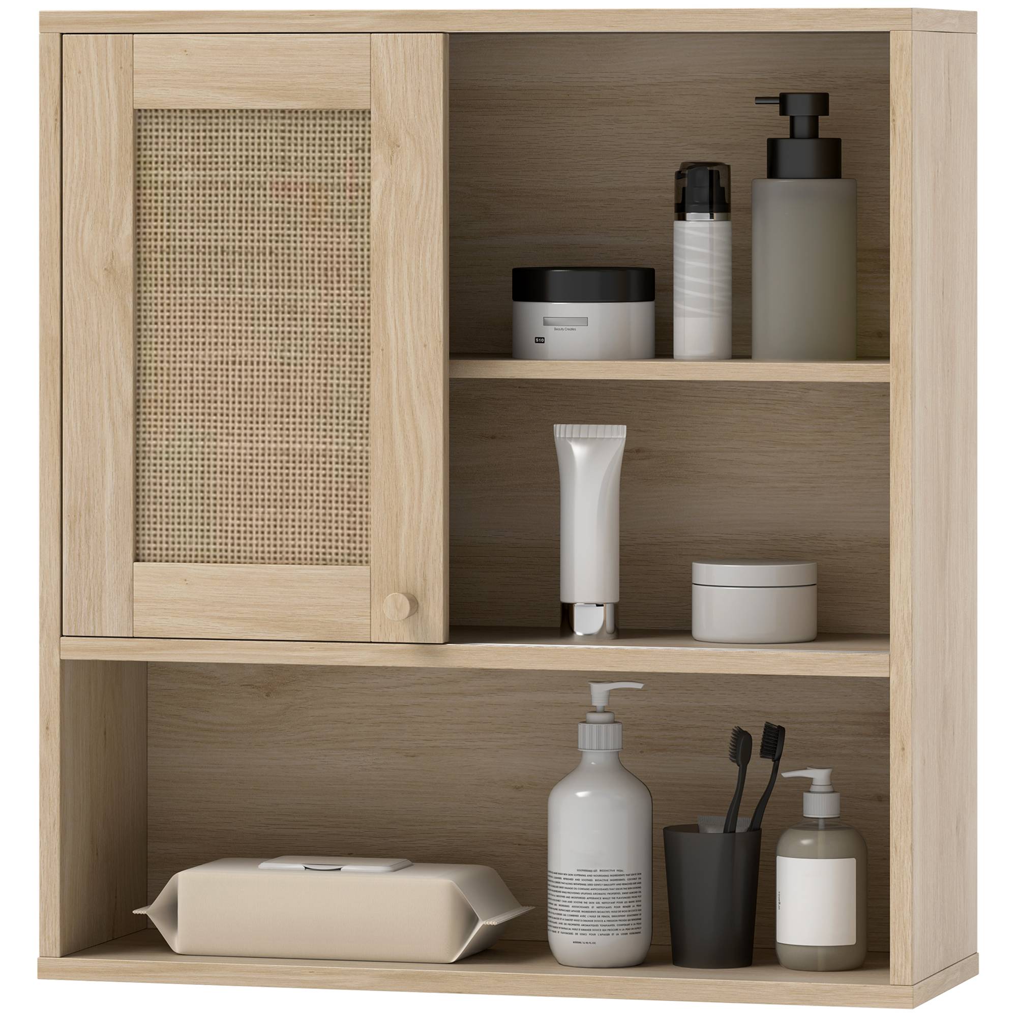 Sans Marque - Armoire murale meuble haut salle bain porte coulissante rotin étagères ouvertes bois naturel - Image 2