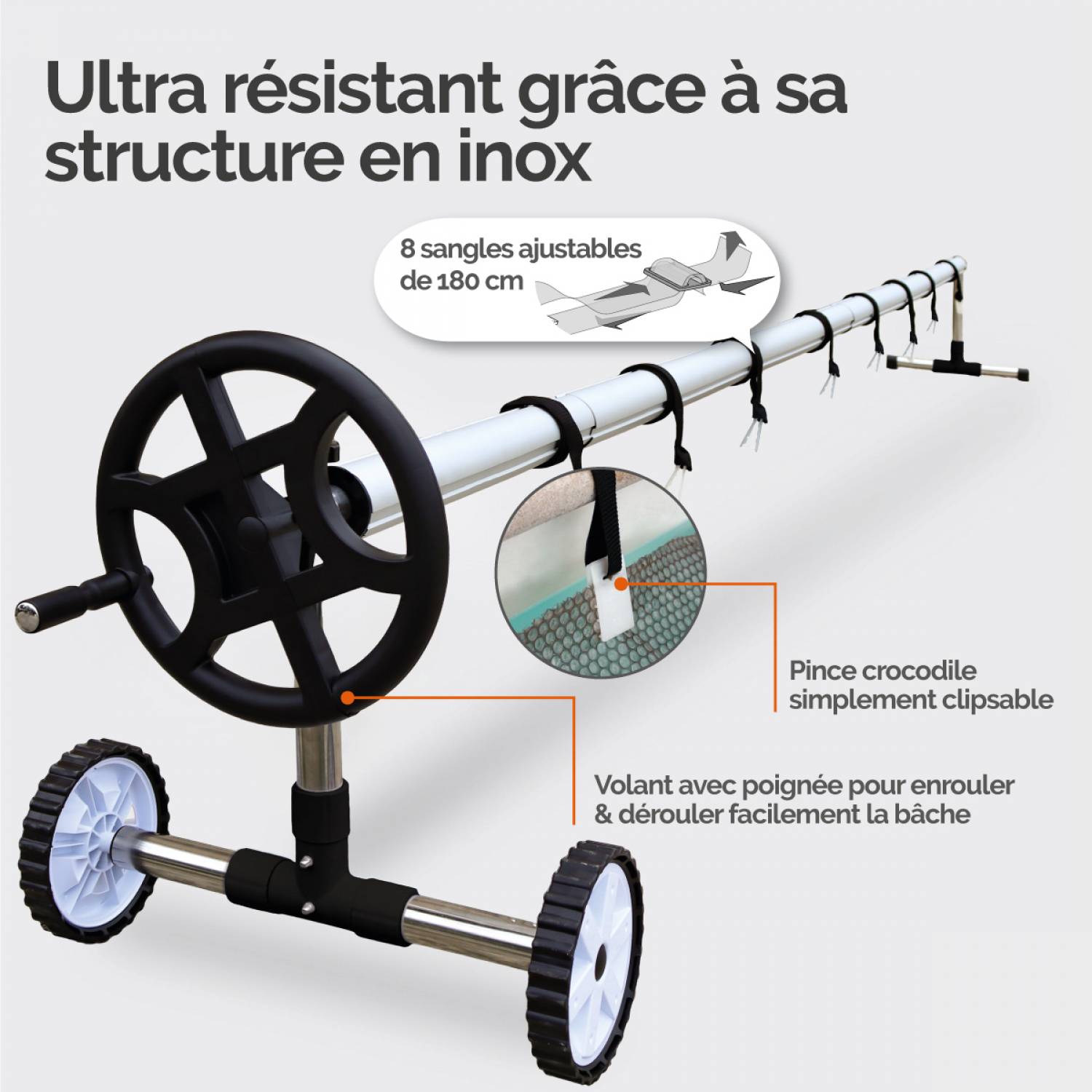 Linxor - Enrouleur de bâche à bulles pour piscine extensible de 1 m à 6 m + Système d'attache - Linxor - Imagen 3