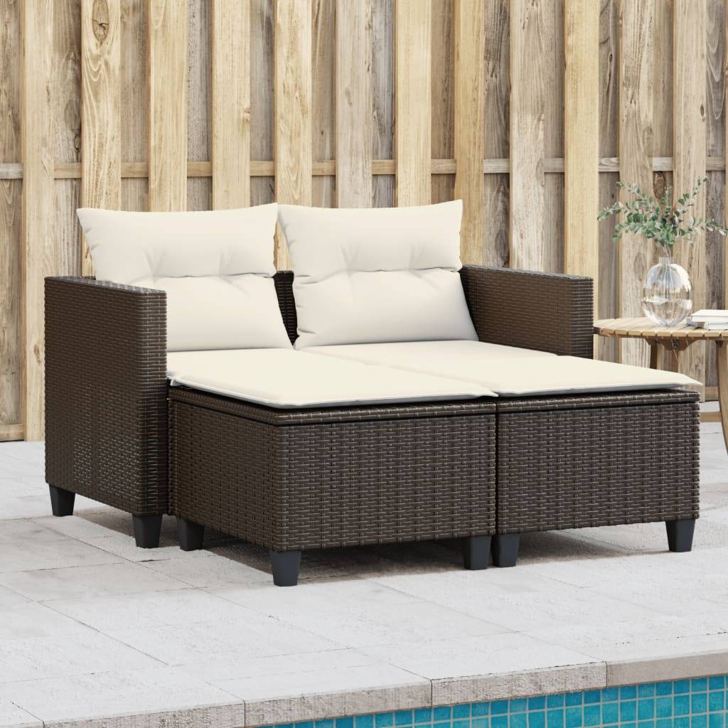 Canapé Extérieur 2 Personnes Rotin Synthétique avec Tabourets Assortis – Salon Jardin Brun – ComfortXL Outdoor Living