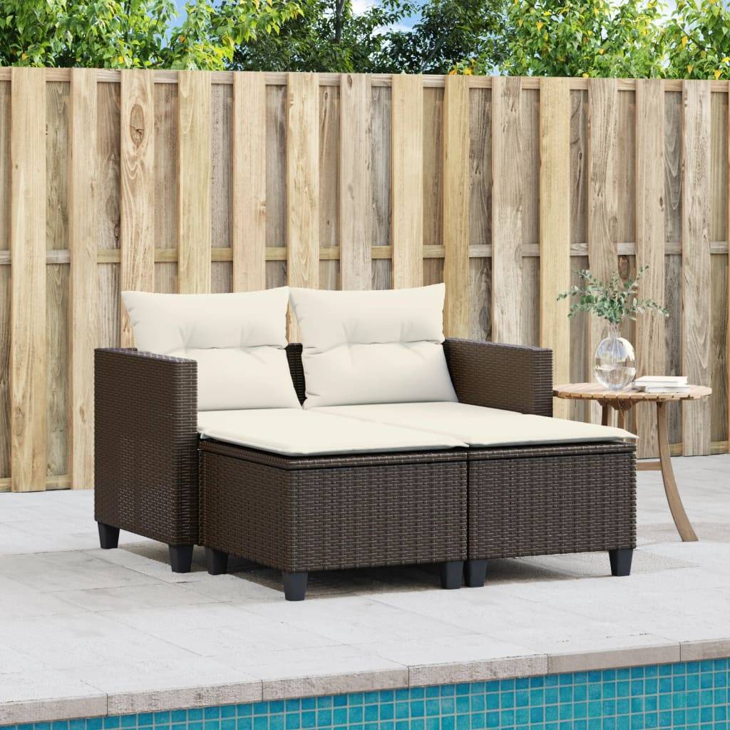 Canapé Extérieur 2 Personnes Rotin Synthétique avec Tabourets Assortis – Salon Jardin Brun – ComfortXL Outdoor Living - Image 3