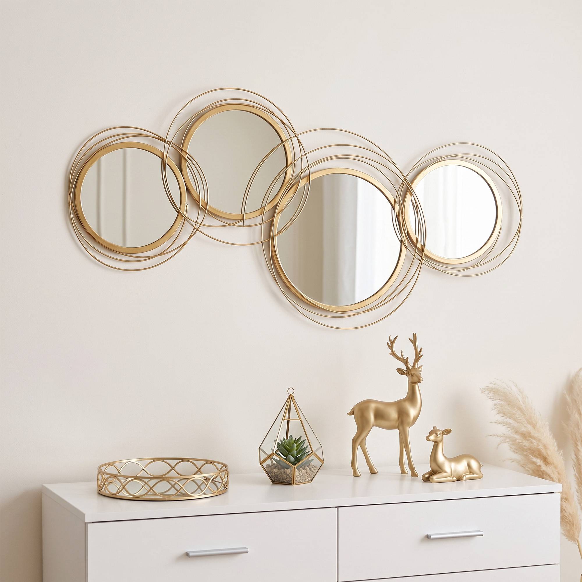 Sans Marque - Décoration murale métal 3D miroir rond 107x56 cm doré - Image 3