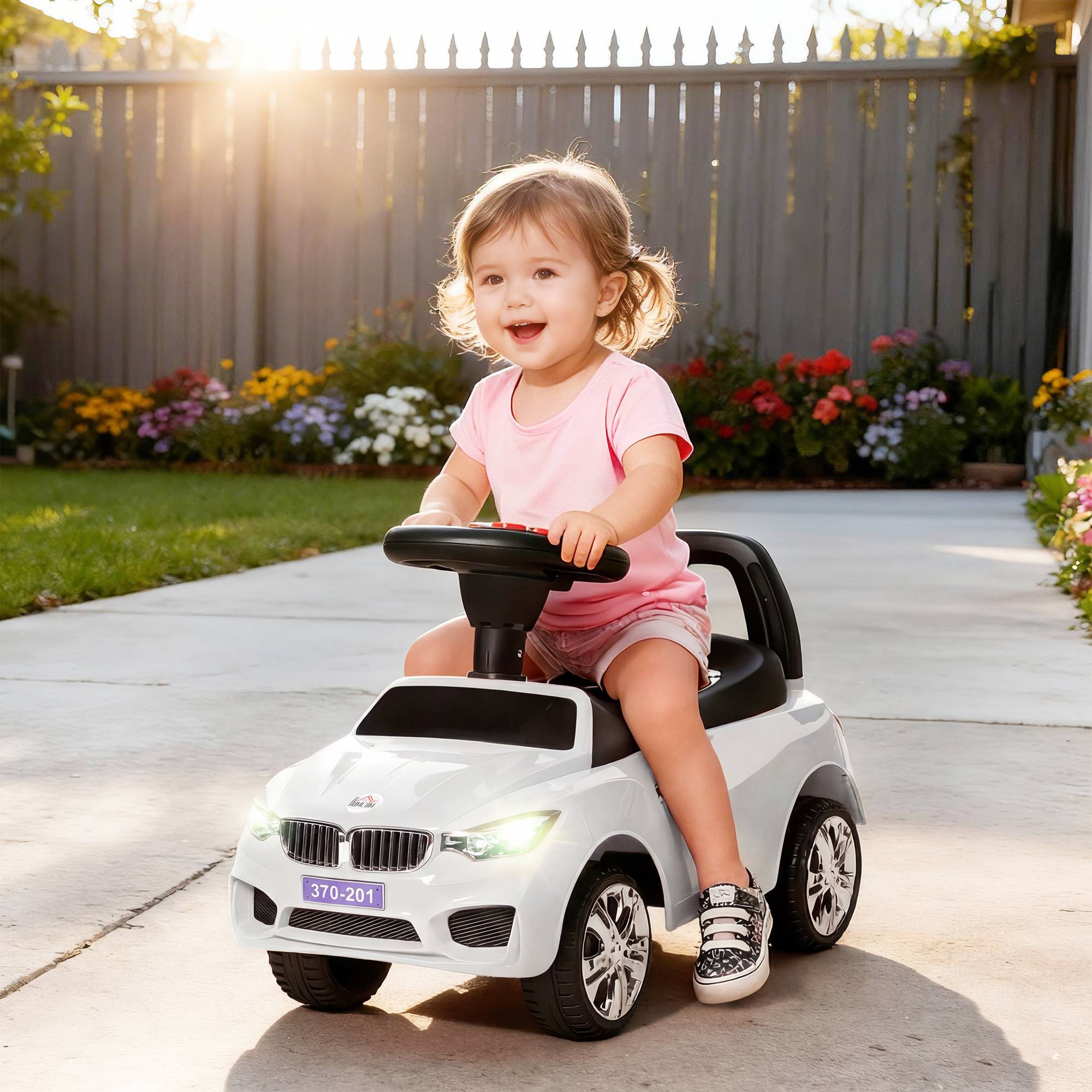 Sans Marque - Porteur enfants voiture véhicule pousser coffre jouets klaxon phares musique 63,5x28x36 cm blanc - Image 3