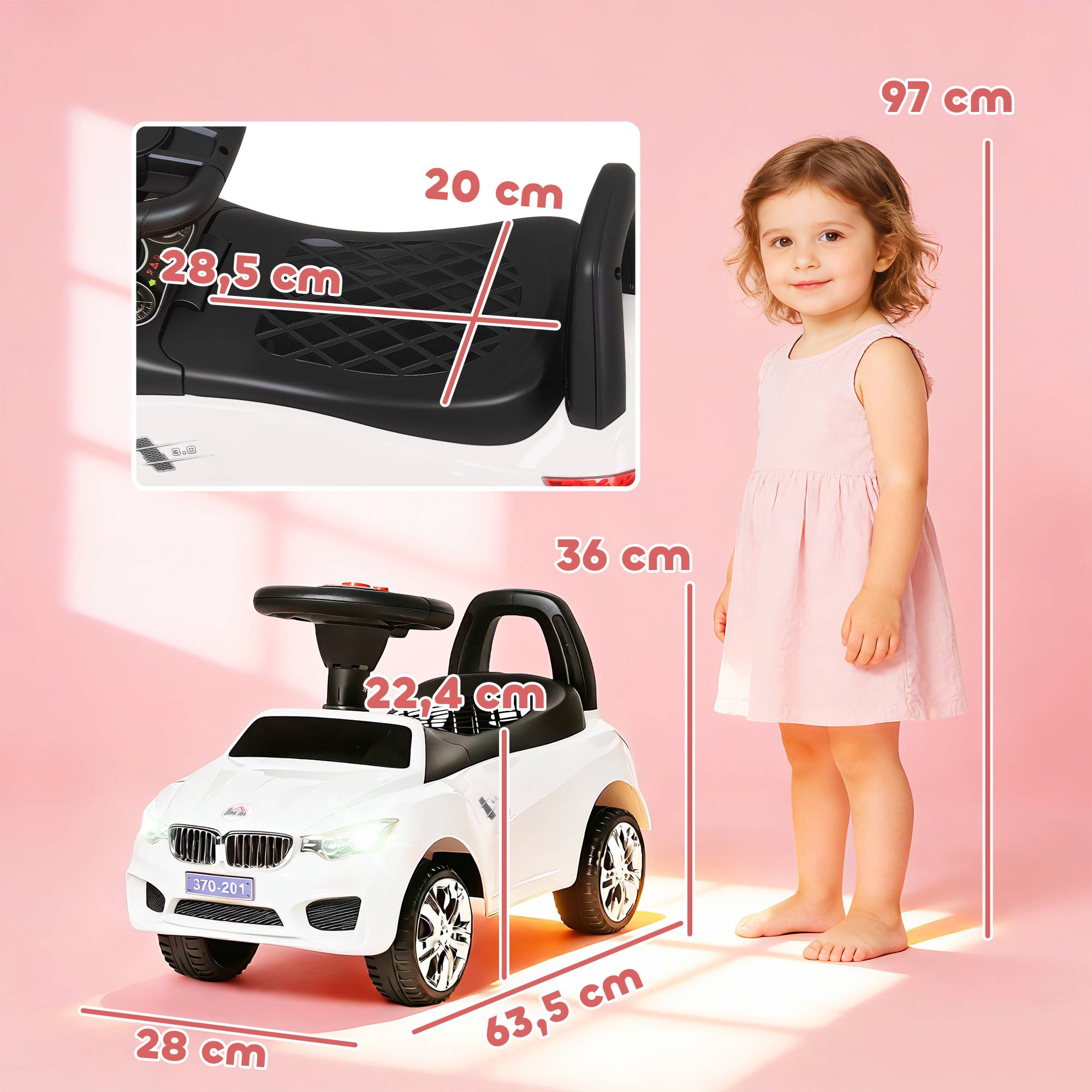 Sans Marque - Porteur enfants voiture véhicule pousser coffre jouets klaxon phares musique 63,5x28x36 cm blanc - Image 5