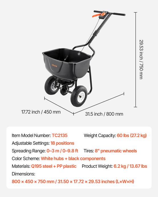 VEVOR Épandeur Engrais Semence Semoir à Pousser Capacité 27,2 kg Épandage 0-3 m - Image 7