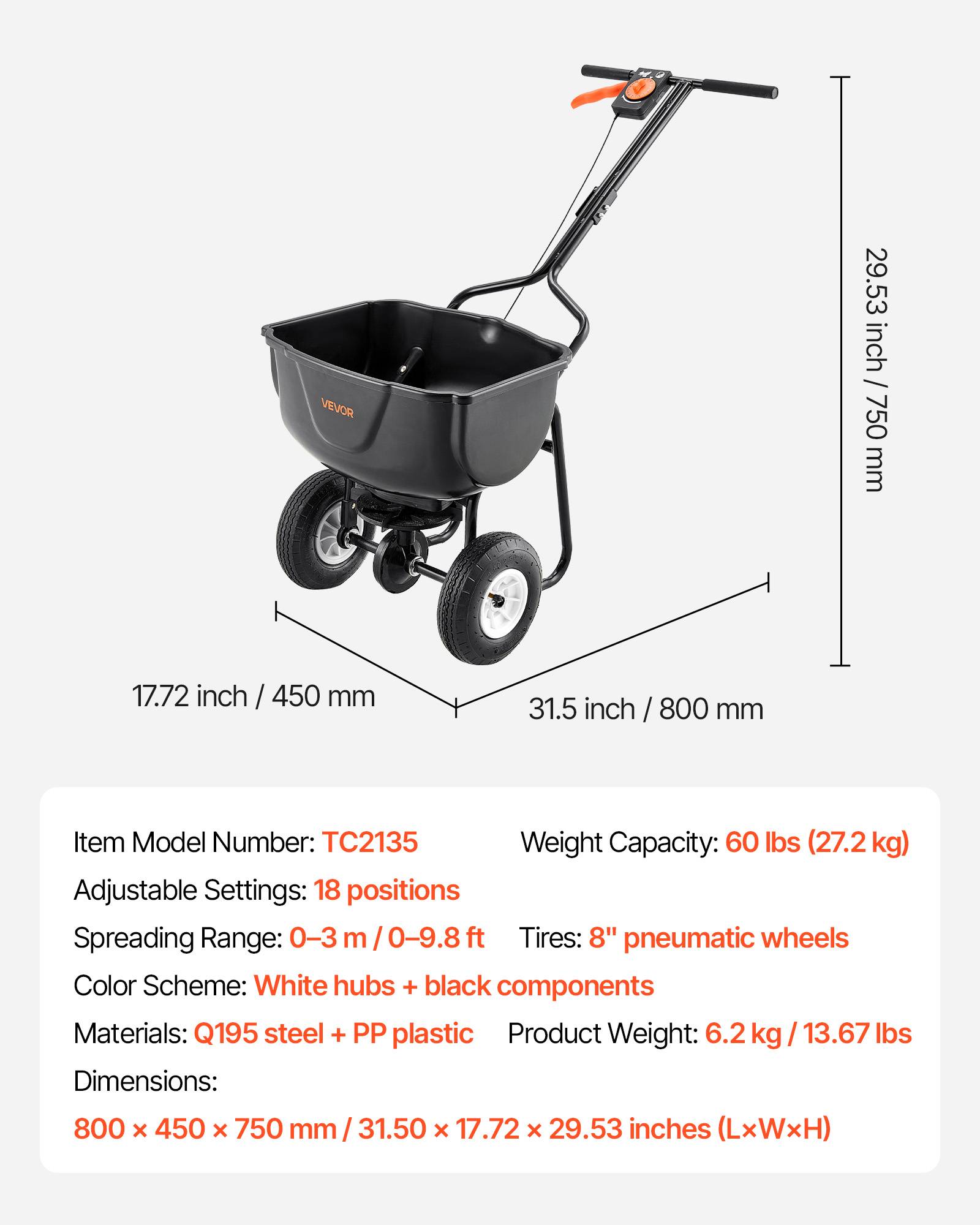 VEVOR Épandeur Engrais Semence Semoir à Pousser Capacité 27,2 kg Épandage 0-3 m - Imagen 7