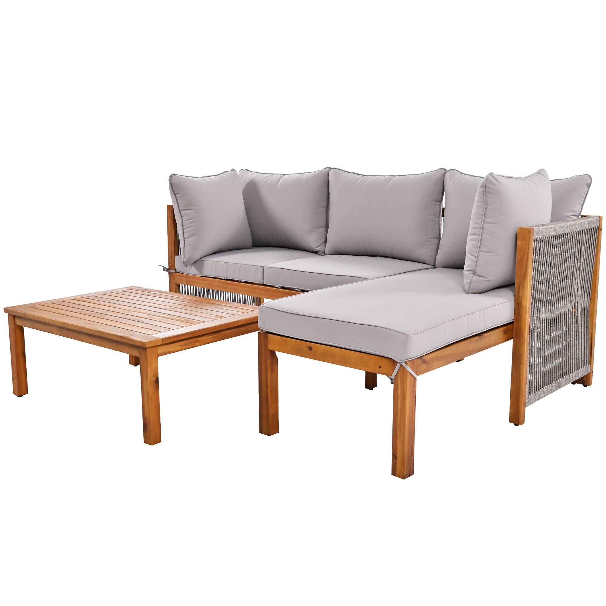 Lot de 3 fauteuils de jardin, accoudoirs en corde grise, en forme de L avec pieds réglables, 2 sièges doubles et 1 table - Image 6