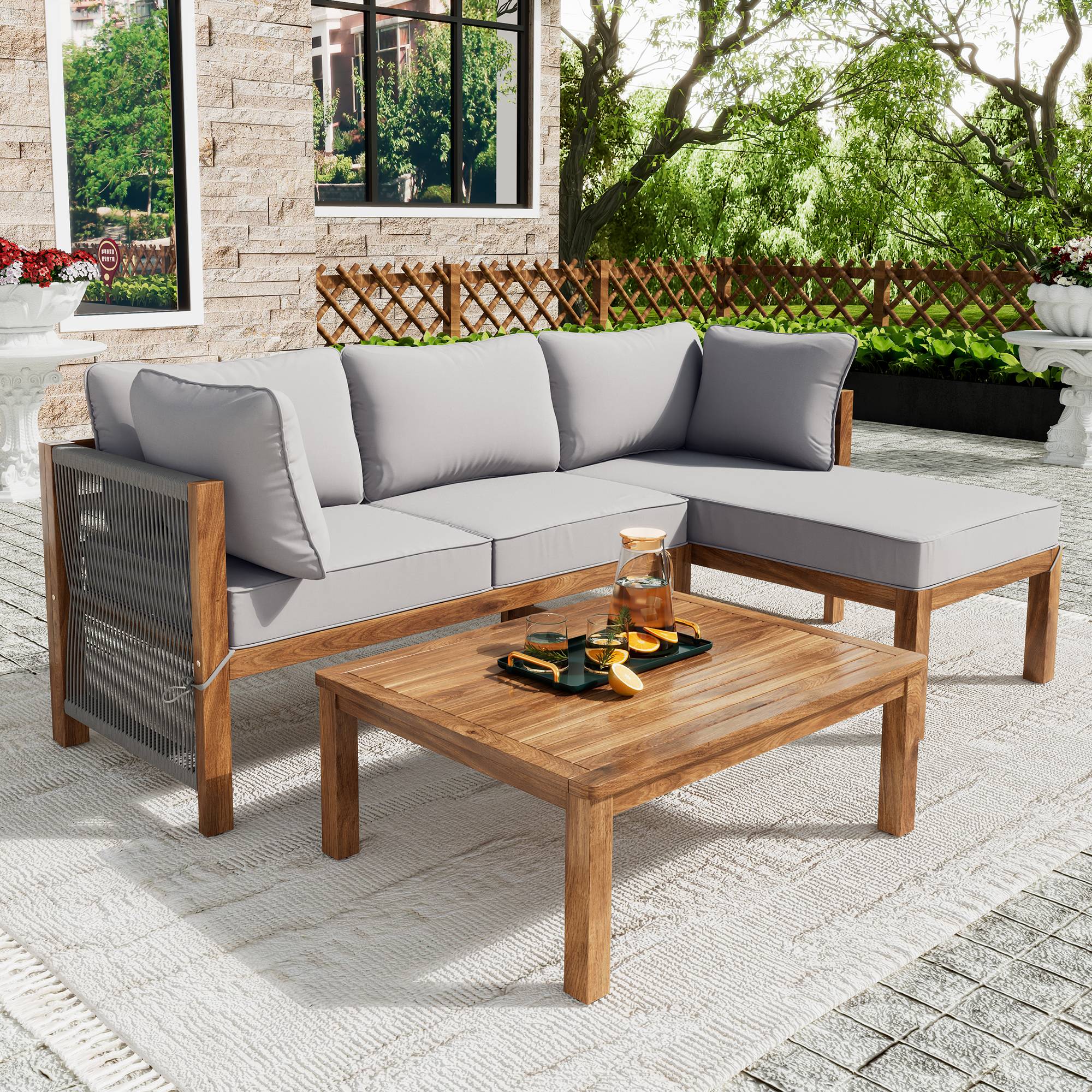 Lot de 3 fauteuils de jardin, accoudoirs en corde grise, en forme de L avec pieds réglables, 2 sièges doubles et 1 table - Image 2
