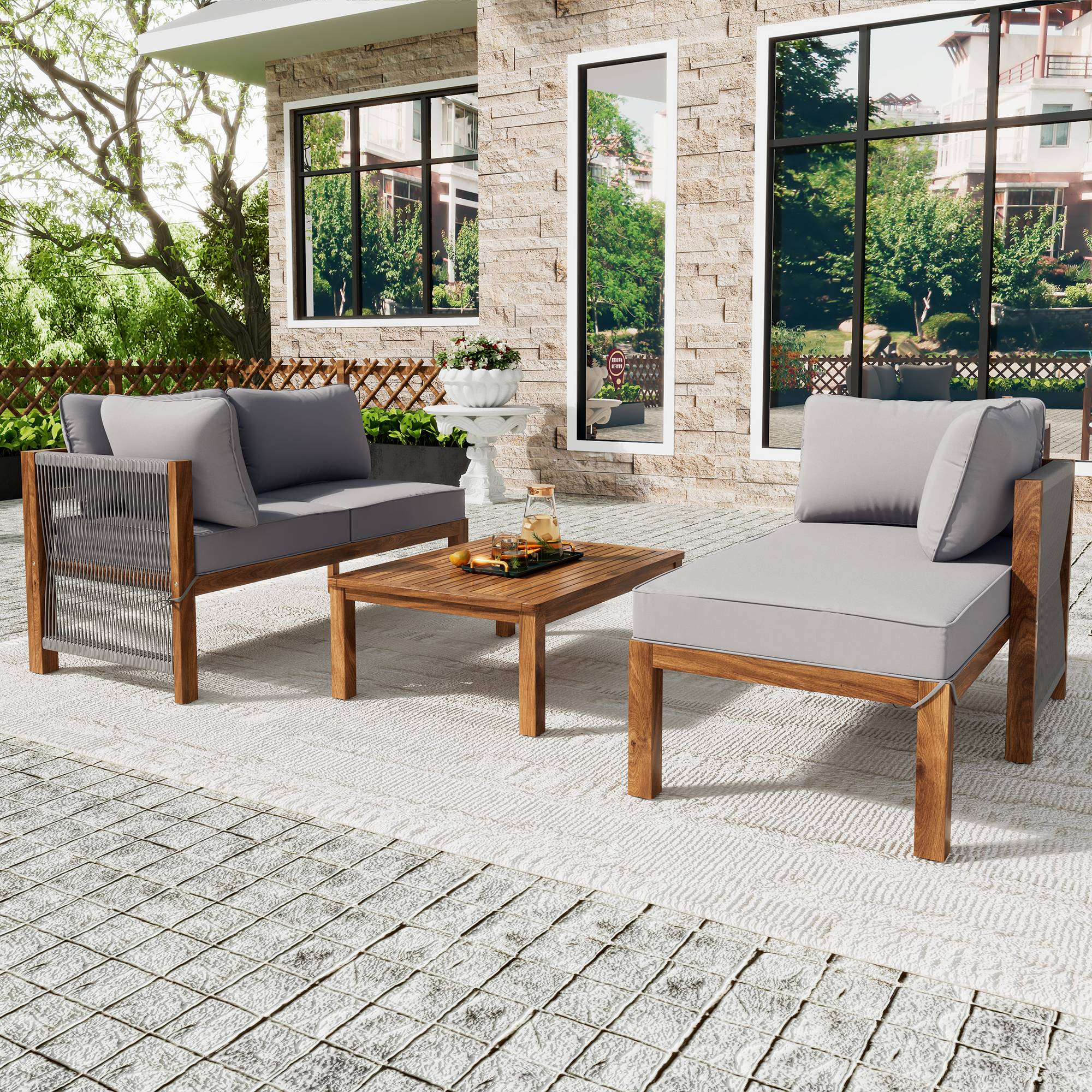 Lot de 3 fauteuils de jardin, accoudoirs en corde grise, en forme de L avec pieds réglables, 2 sièges doubles et 1 table