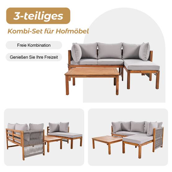 Lot de 3 fauteuils de jardin, accoudoirs en corde grise, en forme de L avec pieds réglables, 2 sièges doubles et 1 table - Image 4