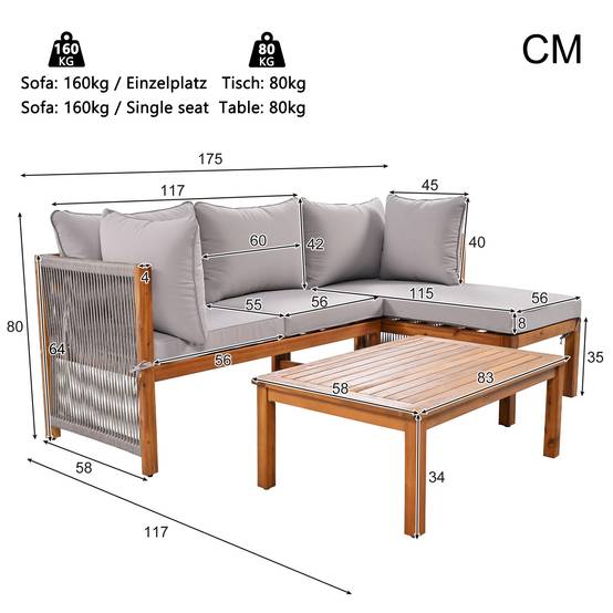 Lot de 3 fauteuils de jardin, accoudoirs en corde grise, en forme de L avec pieds réglables, 2 sièges doubles et 1 table - Image 3