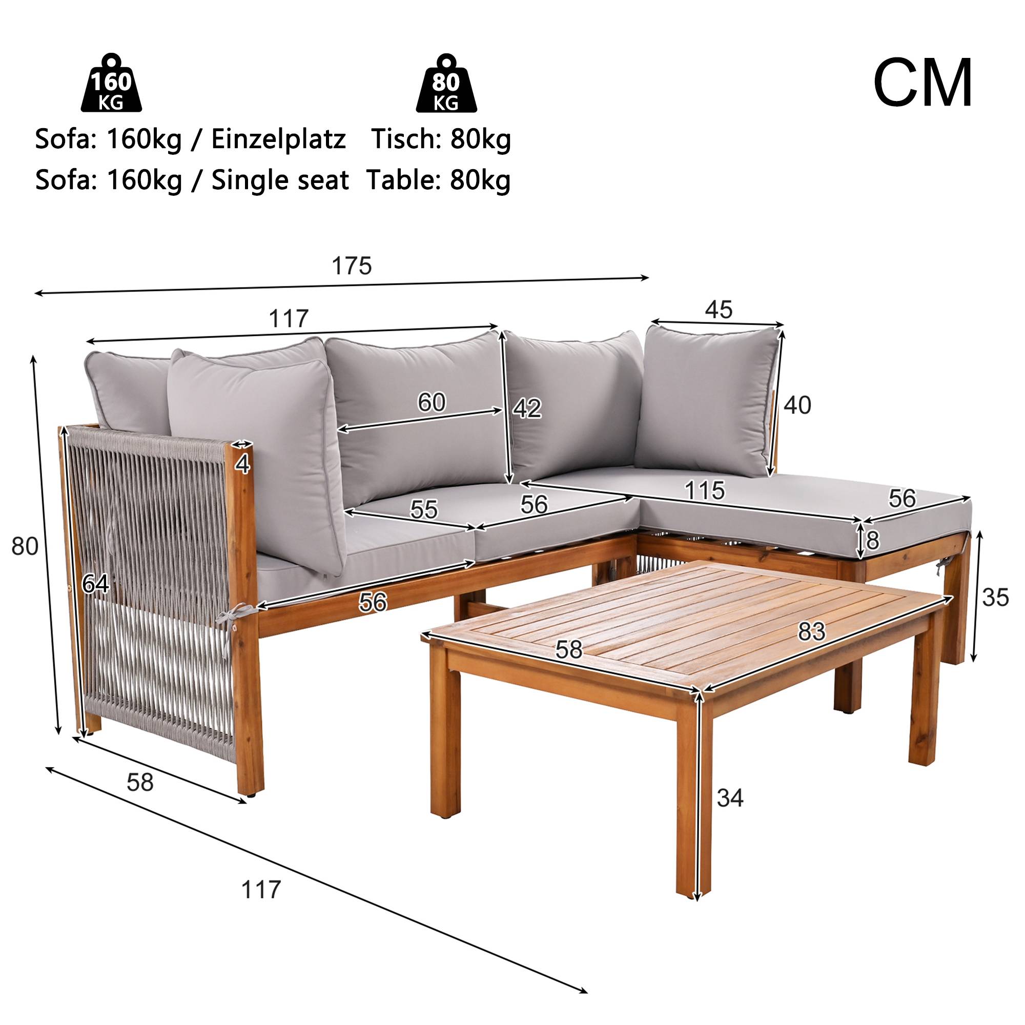 Lot de 3 fauteuils de jardin, accoudoirs en corde grise, en forme de L avec pieds réglables, 2 sièges doubles et 1 table - Image 3