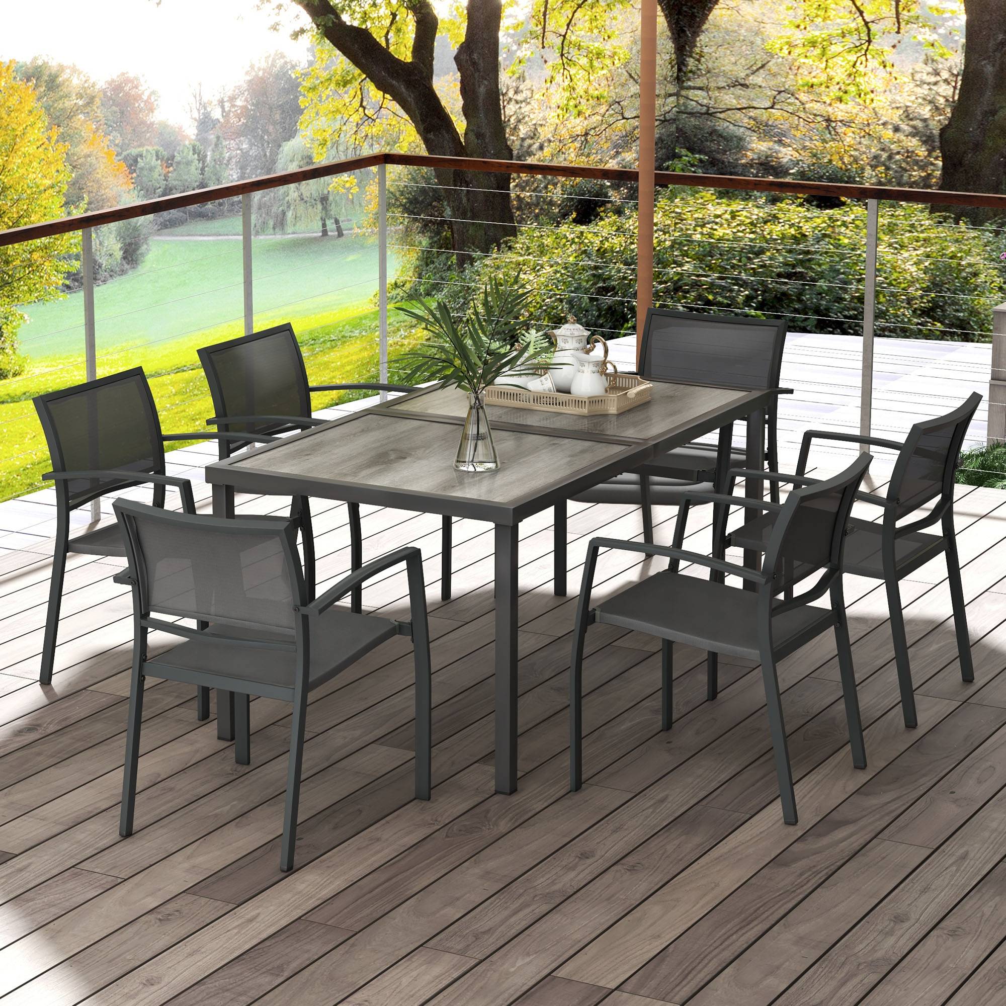 ComfortXL - Salon de jardin 6 places acier Textilène table chaises empilables terrasse gris - ComfortXL Outdoor Living - Image 4