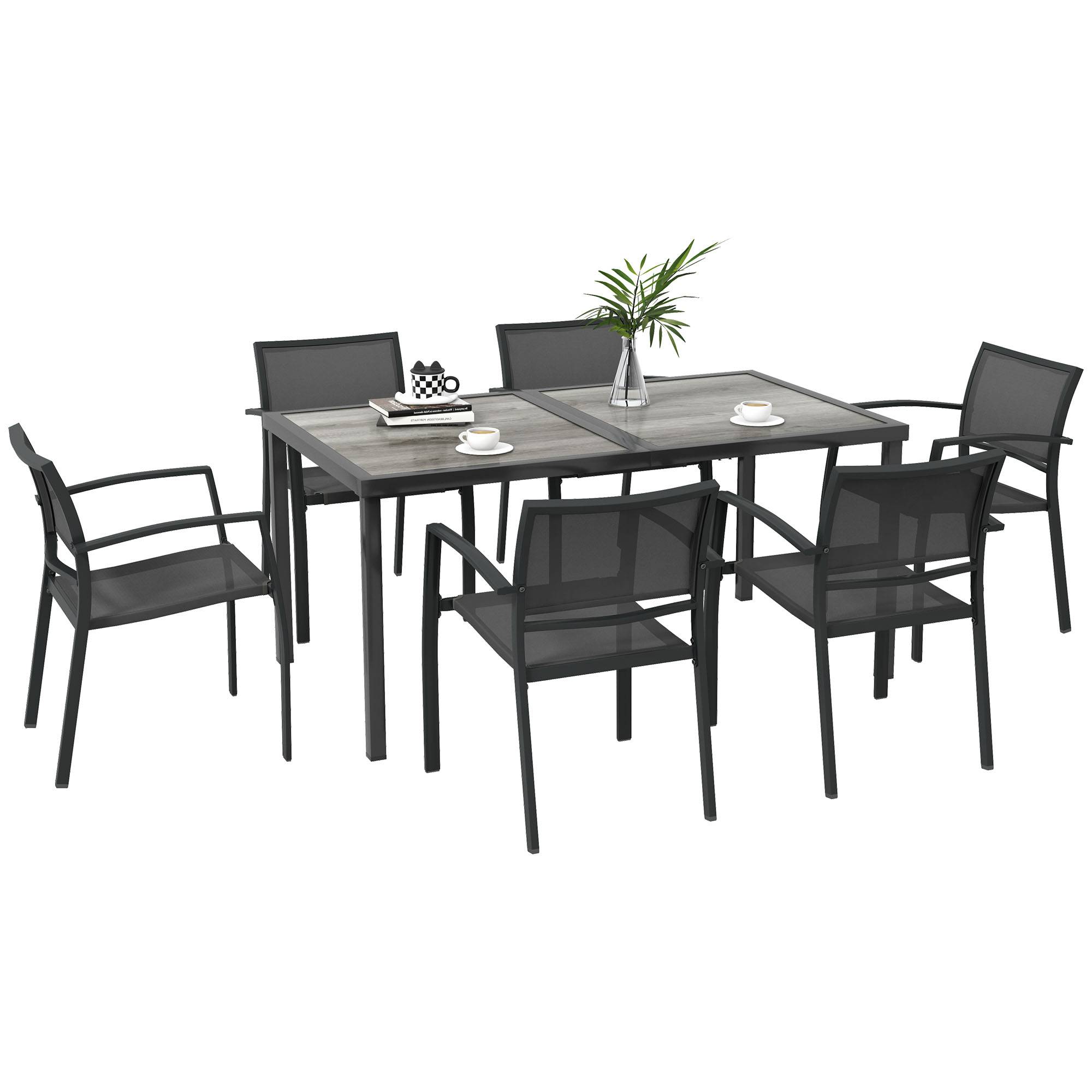ComfortXL - Salon de jardin 6 places acier Textilène table chaises empilables terrasse gris - ComfortXL Outdoor Living - Image 1