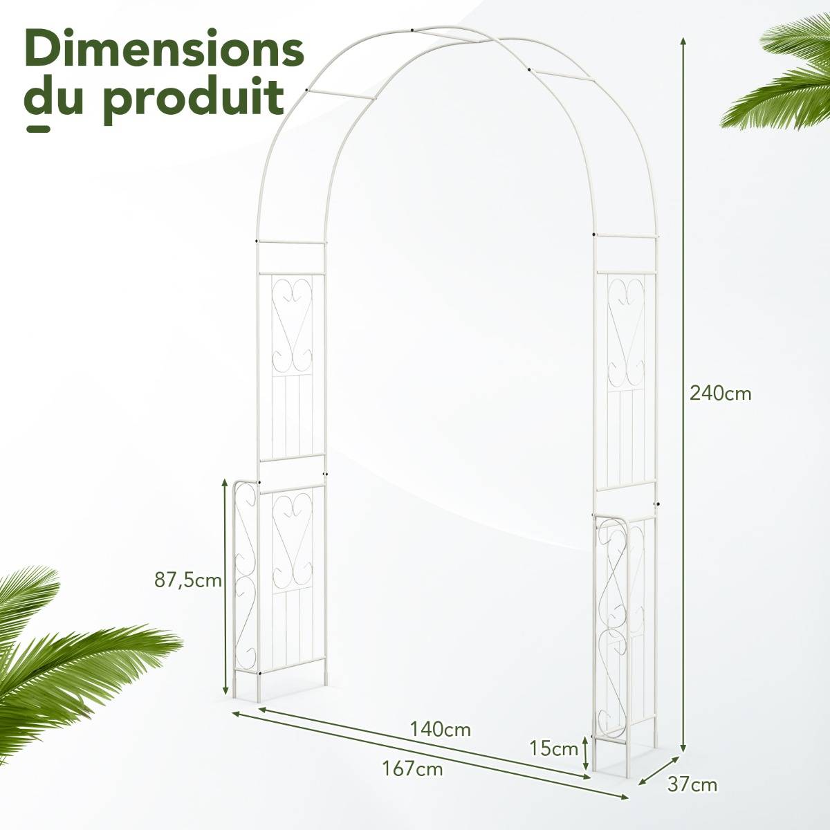 Arche de Jardin en Métal pour Plantes Grimpantes Treillis de Jardin en Arc avec 6 Pieds Extérieur 167x37x240CM Arche Décorative Blanc - Image 8