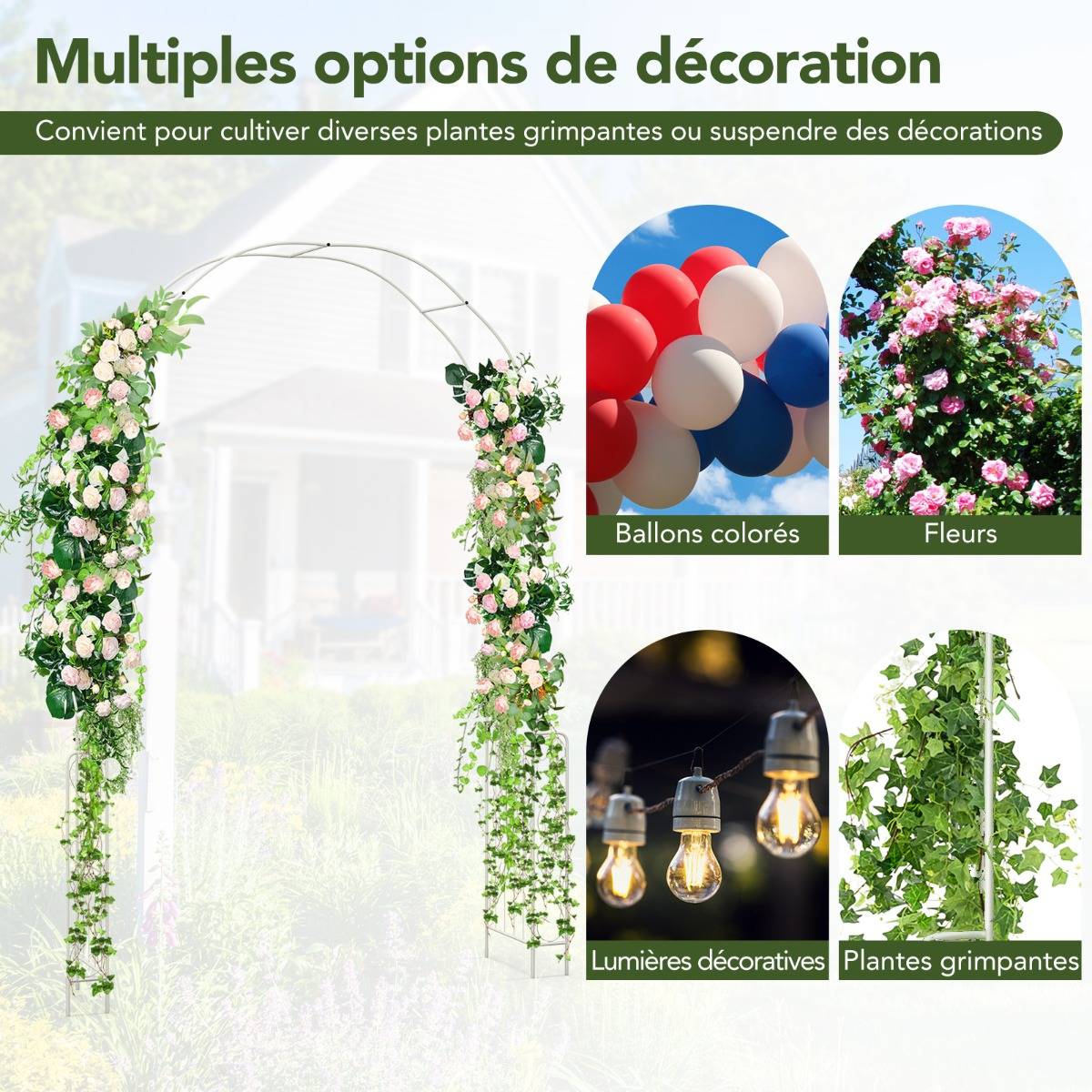 Arche de Jardin en Métal pour Plantes Grimpantes Treillis de Jardin en Arc avec 6 Pieds Extérieur 167x37x240CM Arche Décorative Blanc - Image 6