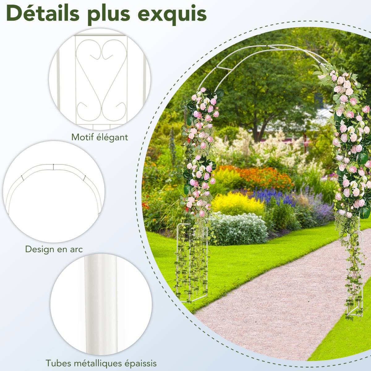 Arche de Jardin en Métal pour Plantes Grimpantes Treillis de Jardin en Arc avec 6 Pieds Extérieur 167x37x240CM Arche Décorative Blanc - Image 4
