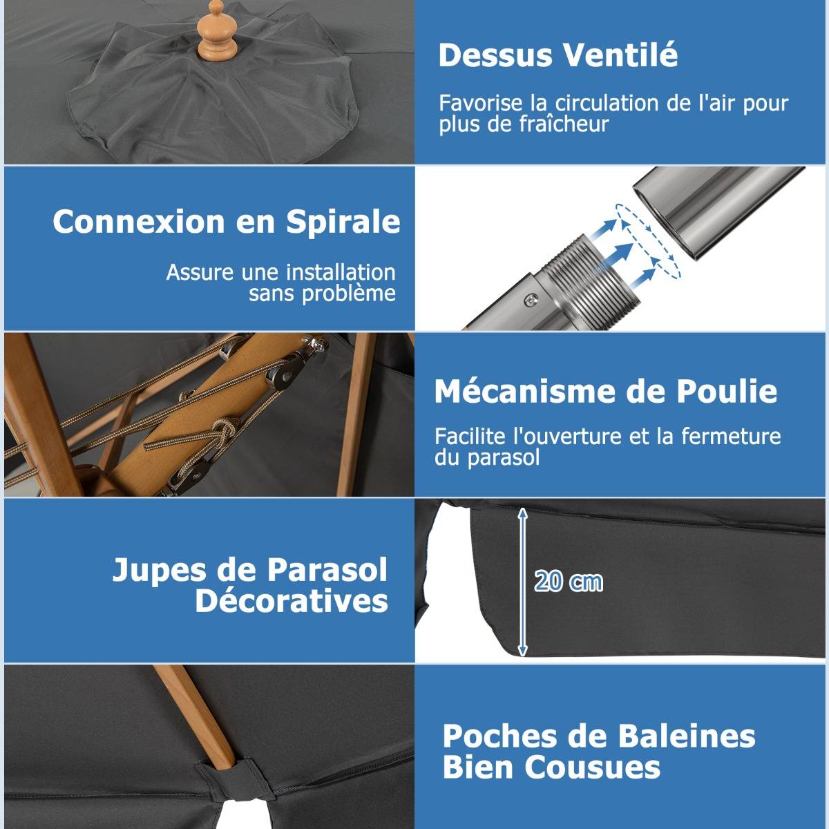 Maison Chic - Parasol Inclinable Ø300x253CM avec Manivelle Anti-UV Protection Solaire Toile Polyester - Image 6