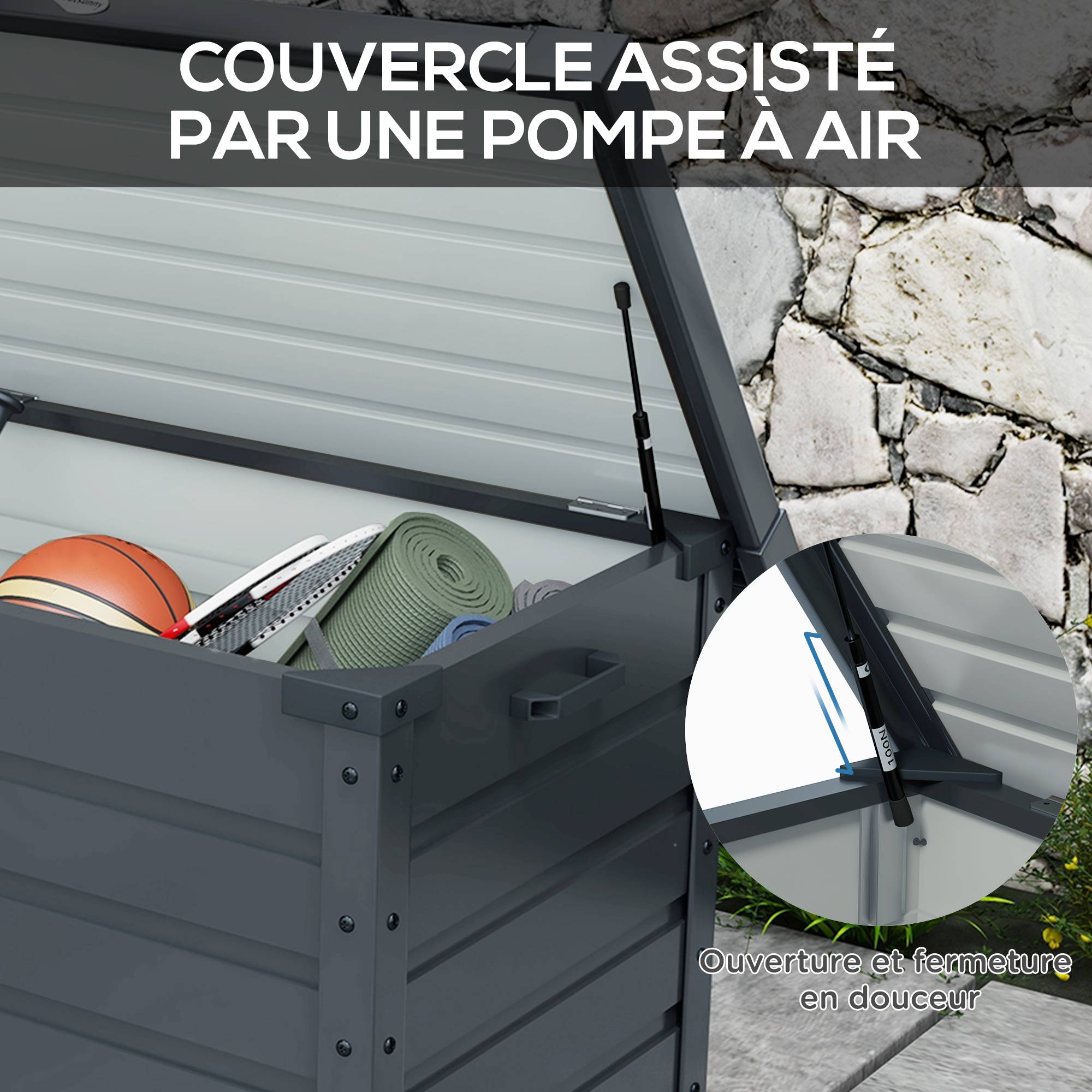 Coffre de rangement extérieur 295L, avec vérin à gaz, roulettes et poignée, en acier galvanisé, 100 x 62 x 65 cm, gris - Image 8