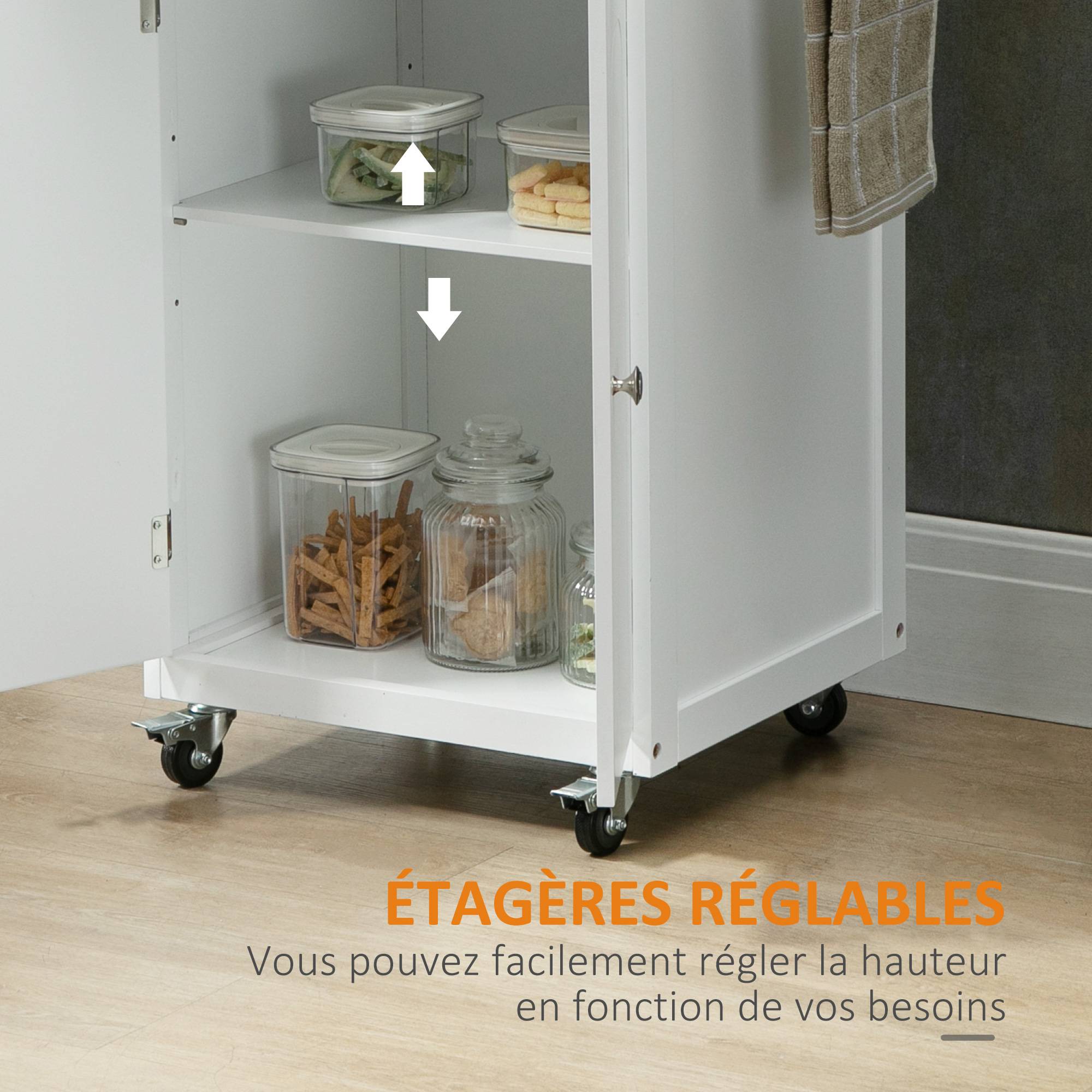Chariot de service desserte de cuisine à roulettes multi-rangements 1 tiroir placard 2 portes avec étagère porte-torchons MDF blanc acier inoxydable - Image 9