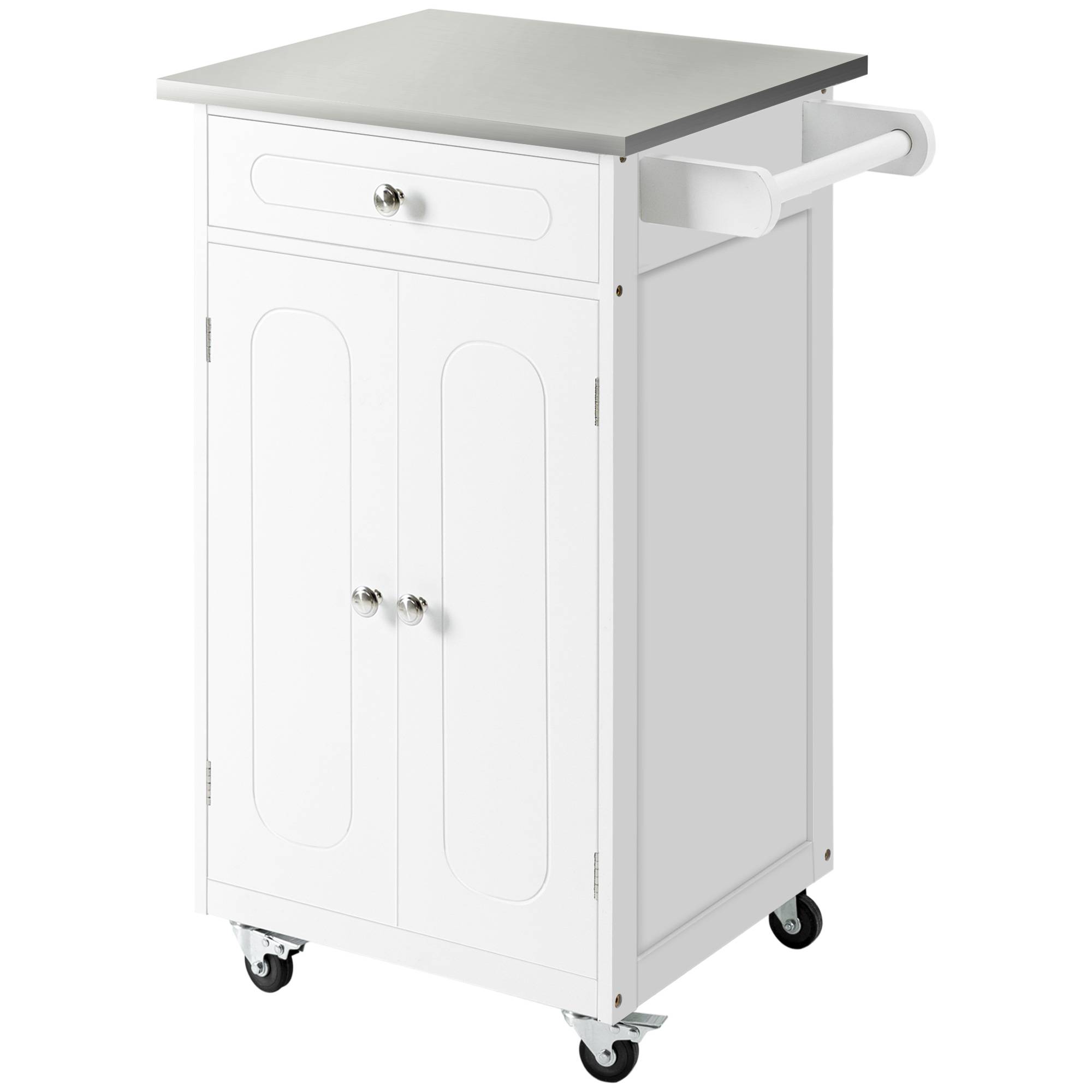 Chariot de service desserte de cuisine à roulettes multi-rangements 1 tiroir placard 2 portes avec étagère porte-torchons MDF blanc acier inoxydable - Image 1