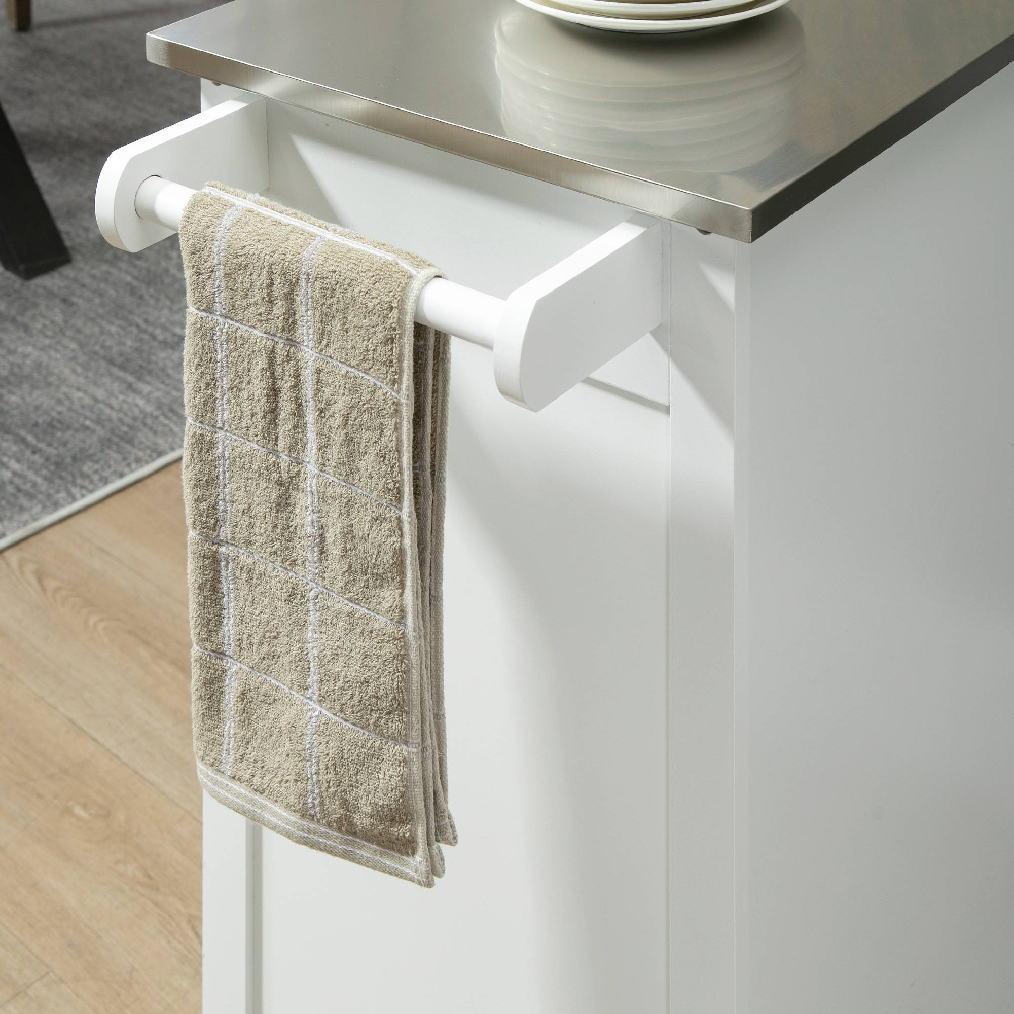 Chariot de service desserte de cuisine à roulettes multi-rangements 1 tiroir placard 2 portes avec étagère porte-torchons MDF blanc acier inoxydable - Image 10
