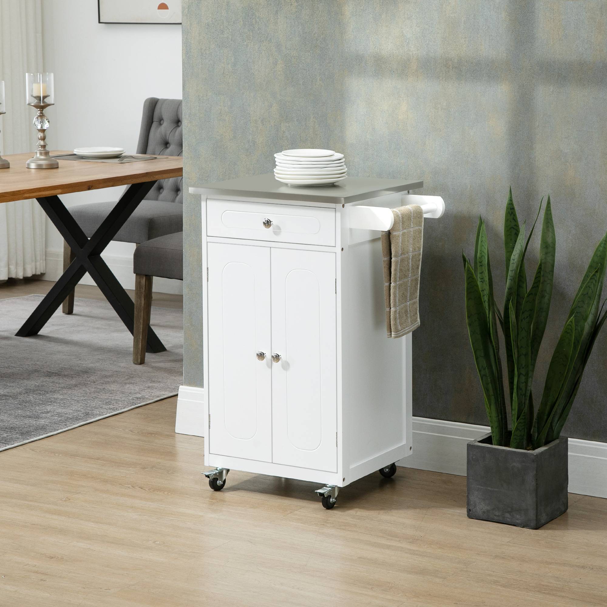 Chariot de service desserte de cuisine à roulettes multi-rangements 1 tiroir placard 2 portes avec étagère porte-torchons MDF blanc acier inoxydable - Image 3