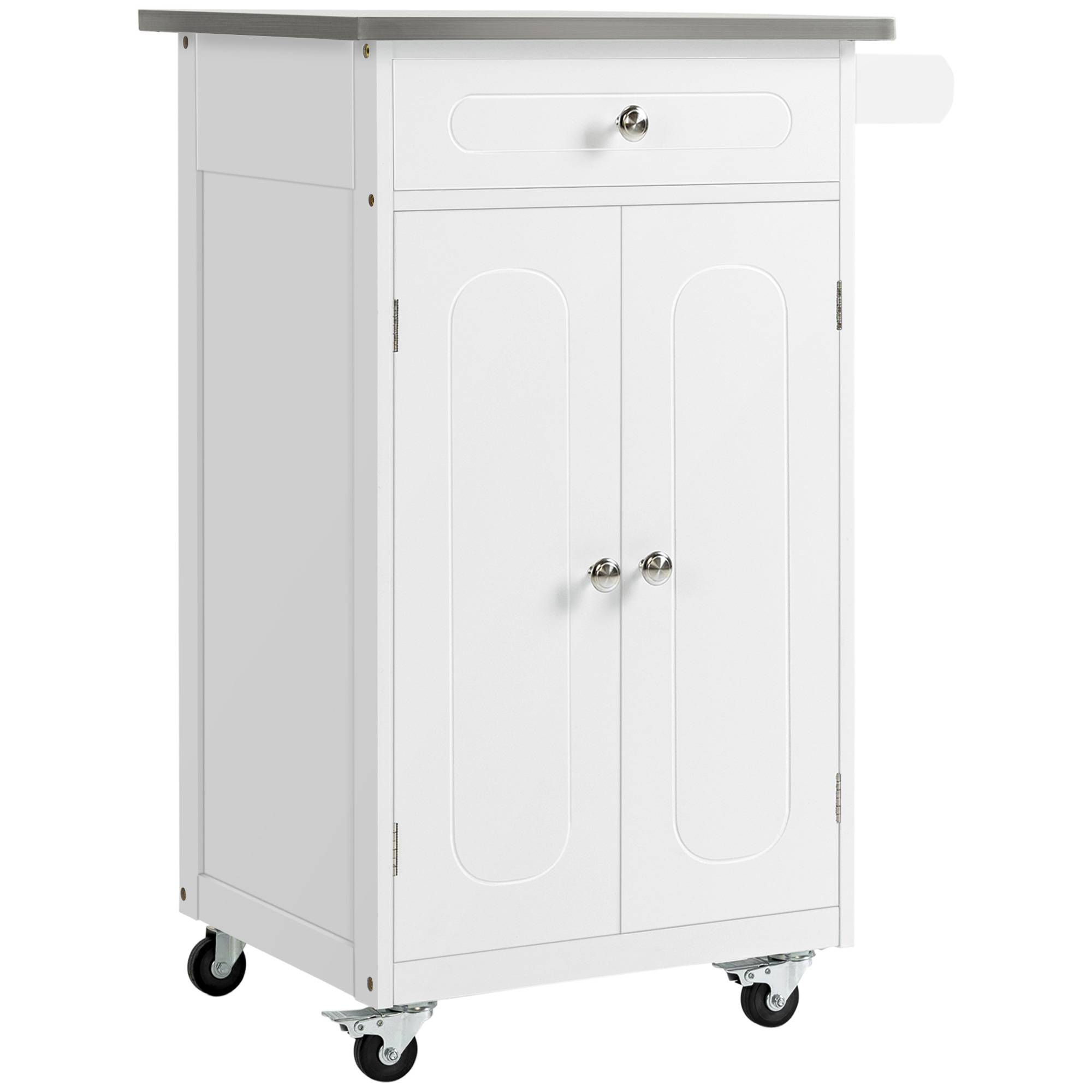 Chariot de service desserte de cuisine à roulettes multi-rangements 1 tiroir placard 2 portes avec étagère porte-torchons MDF blanc acier inoxydable - Image 2