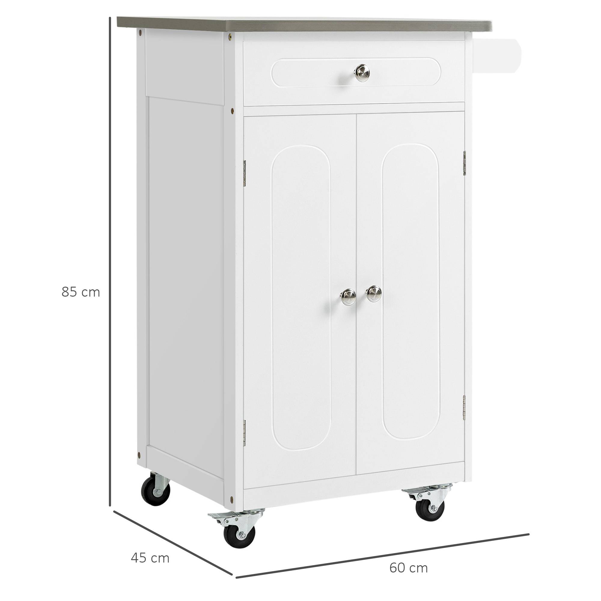 Chariot de service desserte de cuisine à roulettes multi-rangements 1 tiroir placard 2 portes avec étagère porte-torchons MDF blanc acier inoxydable - Image 5