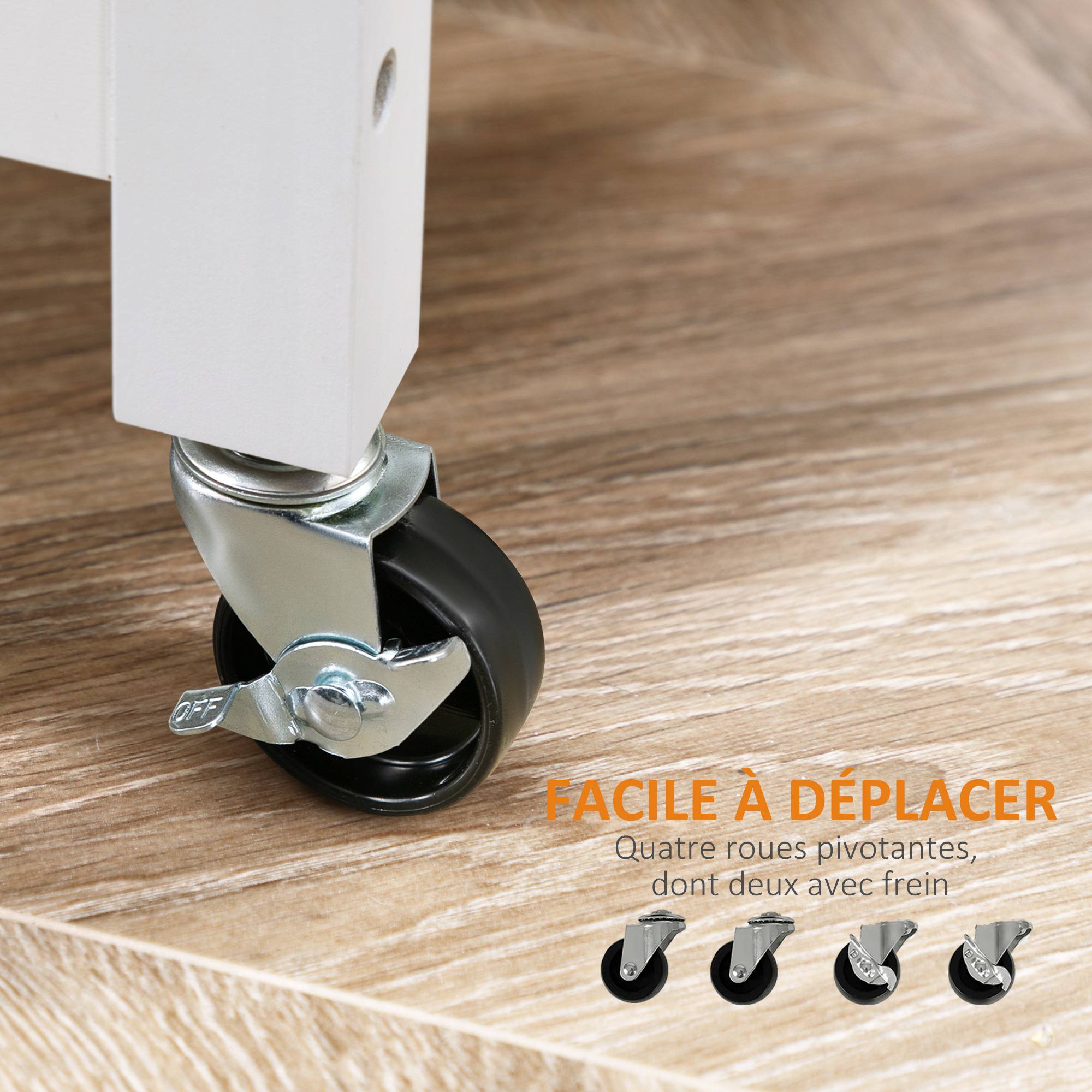 Chariot de service desserte de cuisine à roulettes multi-rangements 1 tiroir placard 2 portes avec étagère porte-torchons MDF blanc acier inoxydable - Image 8