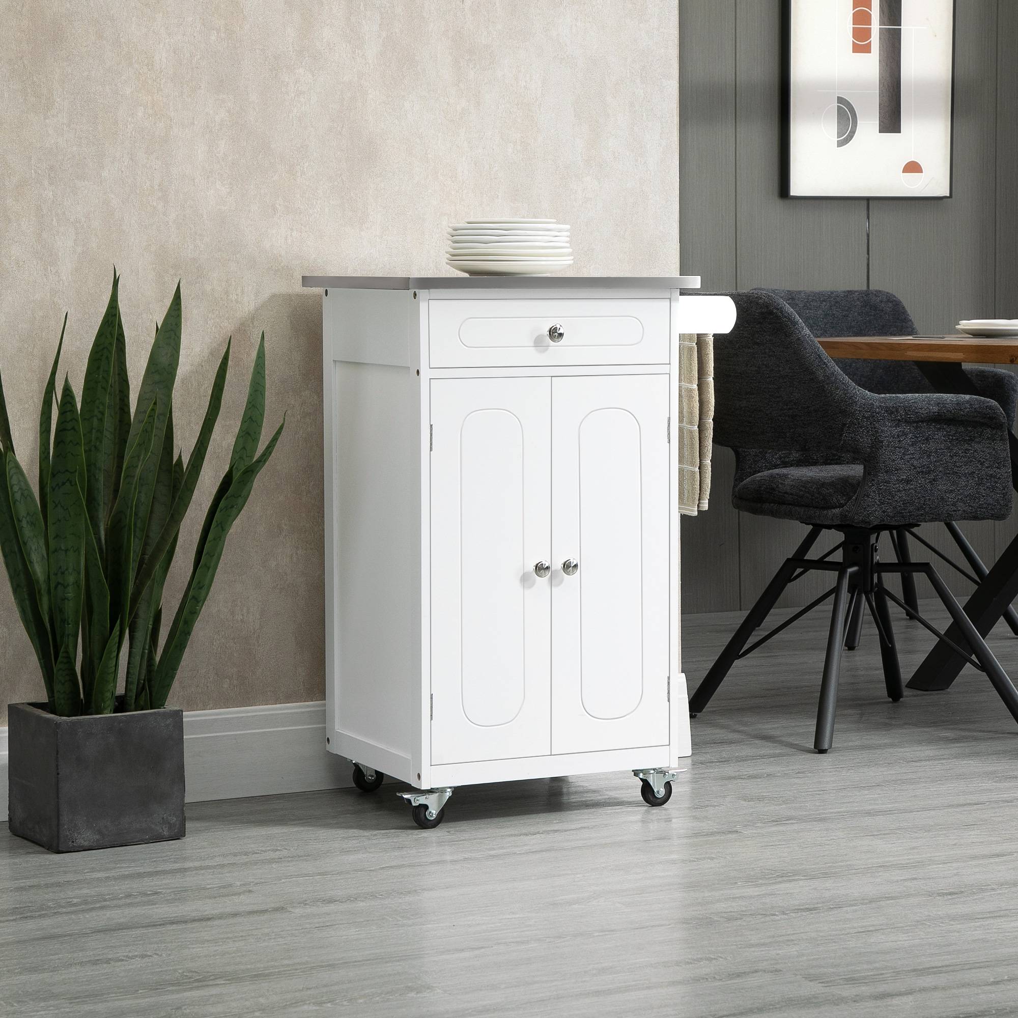 Chariot de service desserte de cuisine à roulettes multi-rangements 1 tiroir placard 2 portes avec étagère porte-torchons MDF blanc acier inoxydable - Image 4