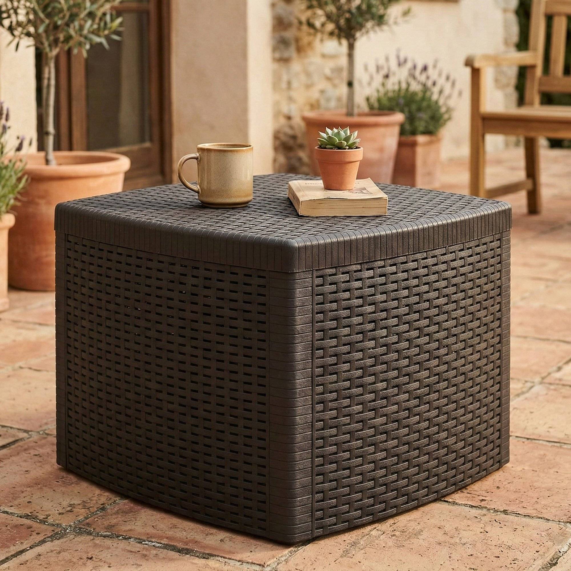 Dmora - Table basse d'extérieur Faenza, Table de rangement polyvalente, Etagère basse effet rotin, 100% Made in Italy, 53x53h40 cm, Anthracite - Dmora - Imagen 2