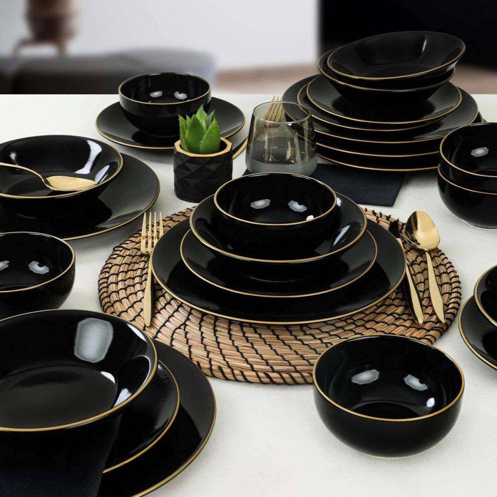Hanah Home - Service de table en céramique noir liseré doré Dinner 24 pièces - Imagen 2